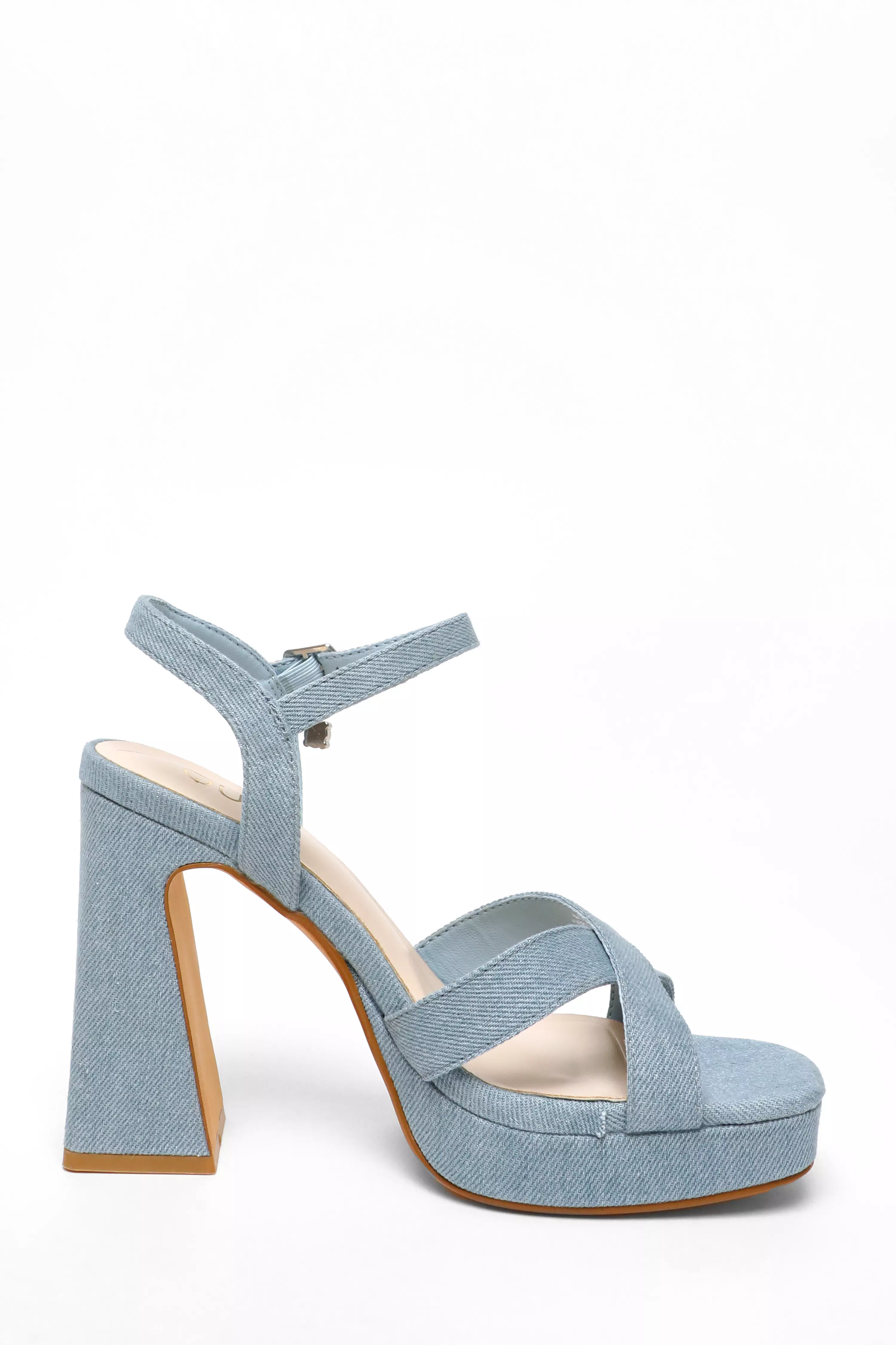 Blue Denim Cross Strap Platform Heeled Sandals