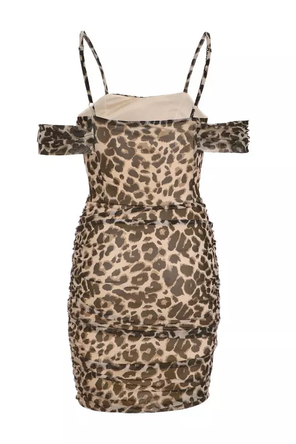 Stone Leopard Print Mesh Bardot Mini Dress