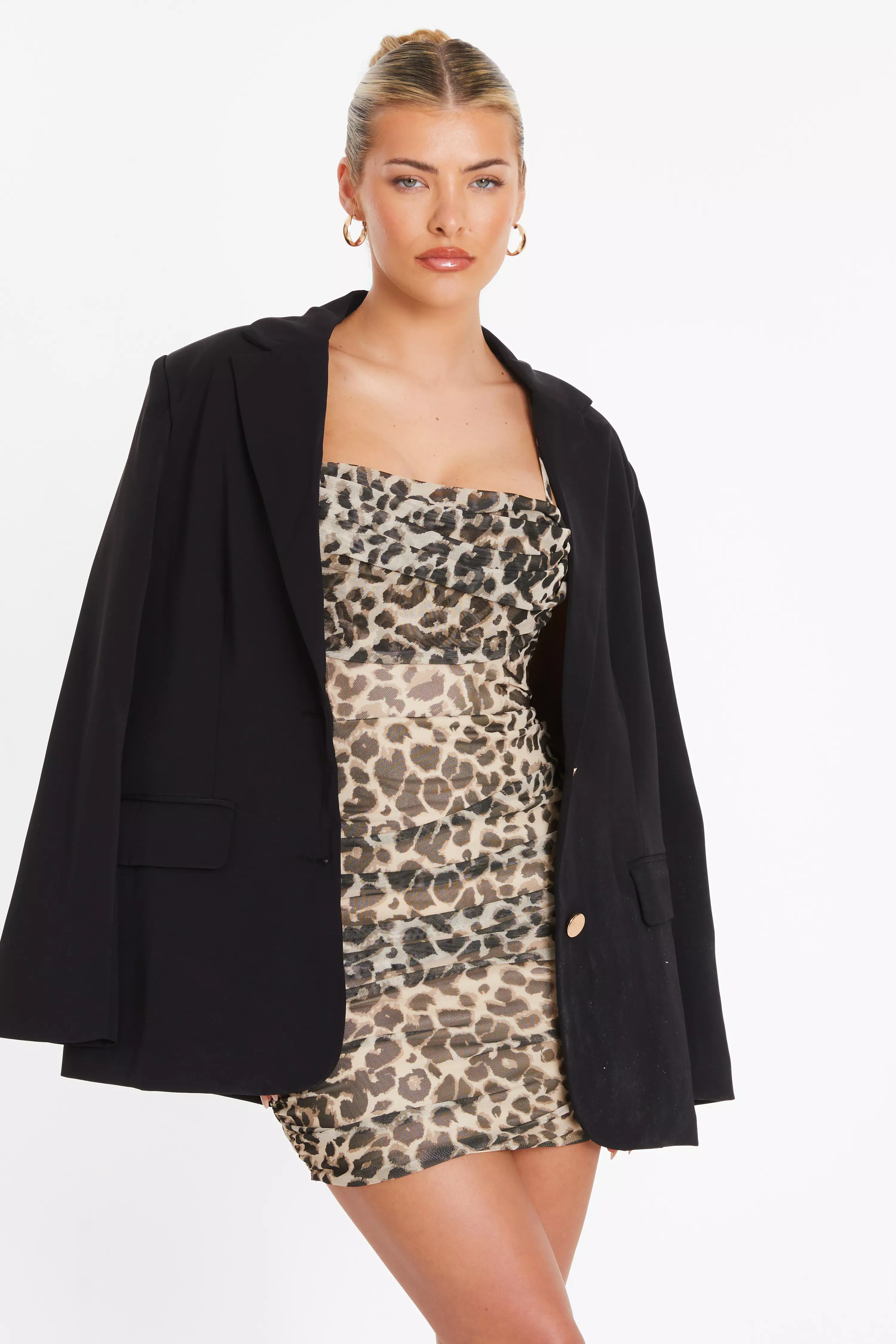 Stone Leopard Print Mesh Bardot Mini Dress