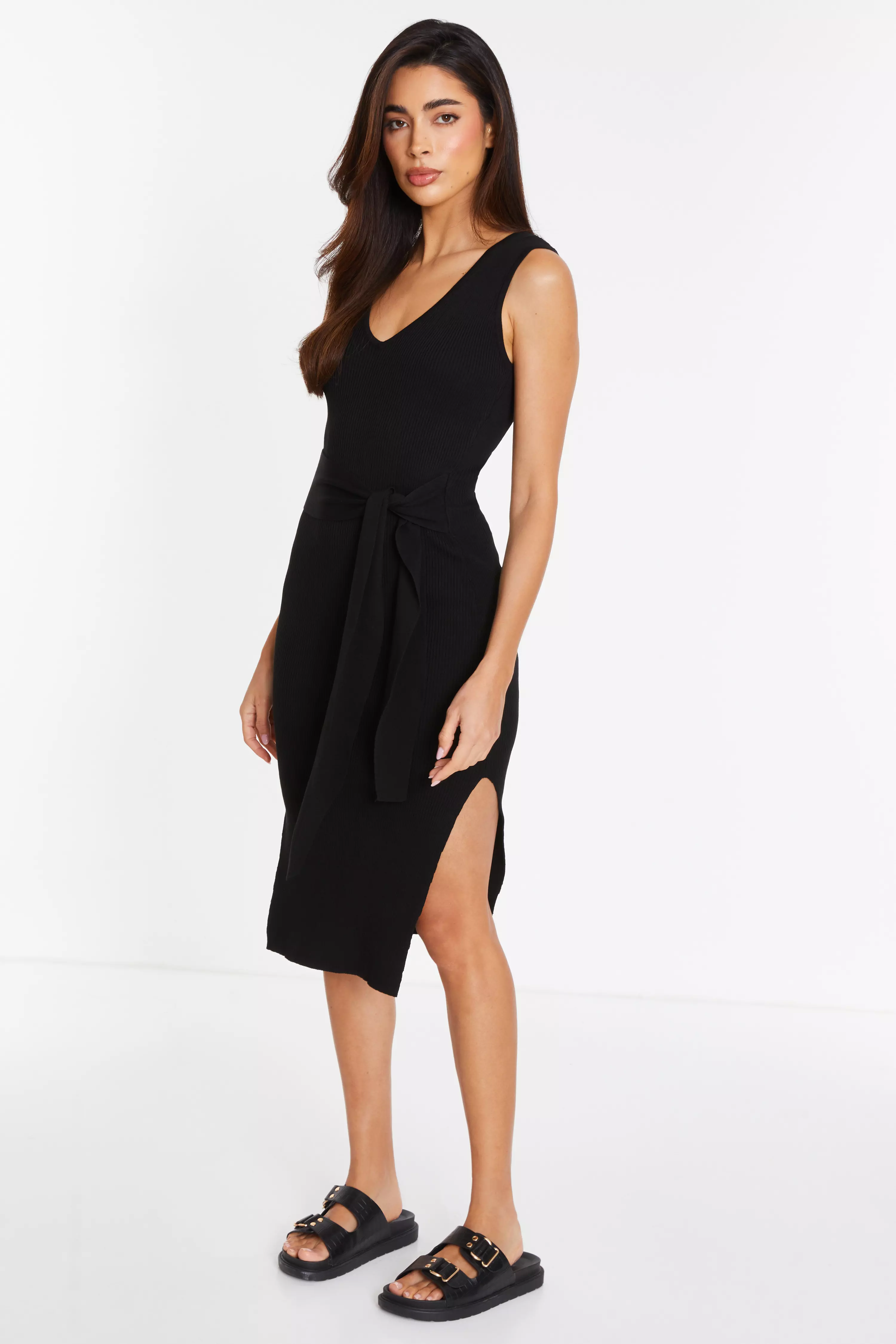 Black Knitted Tie Belt Bodycon Midi Dress