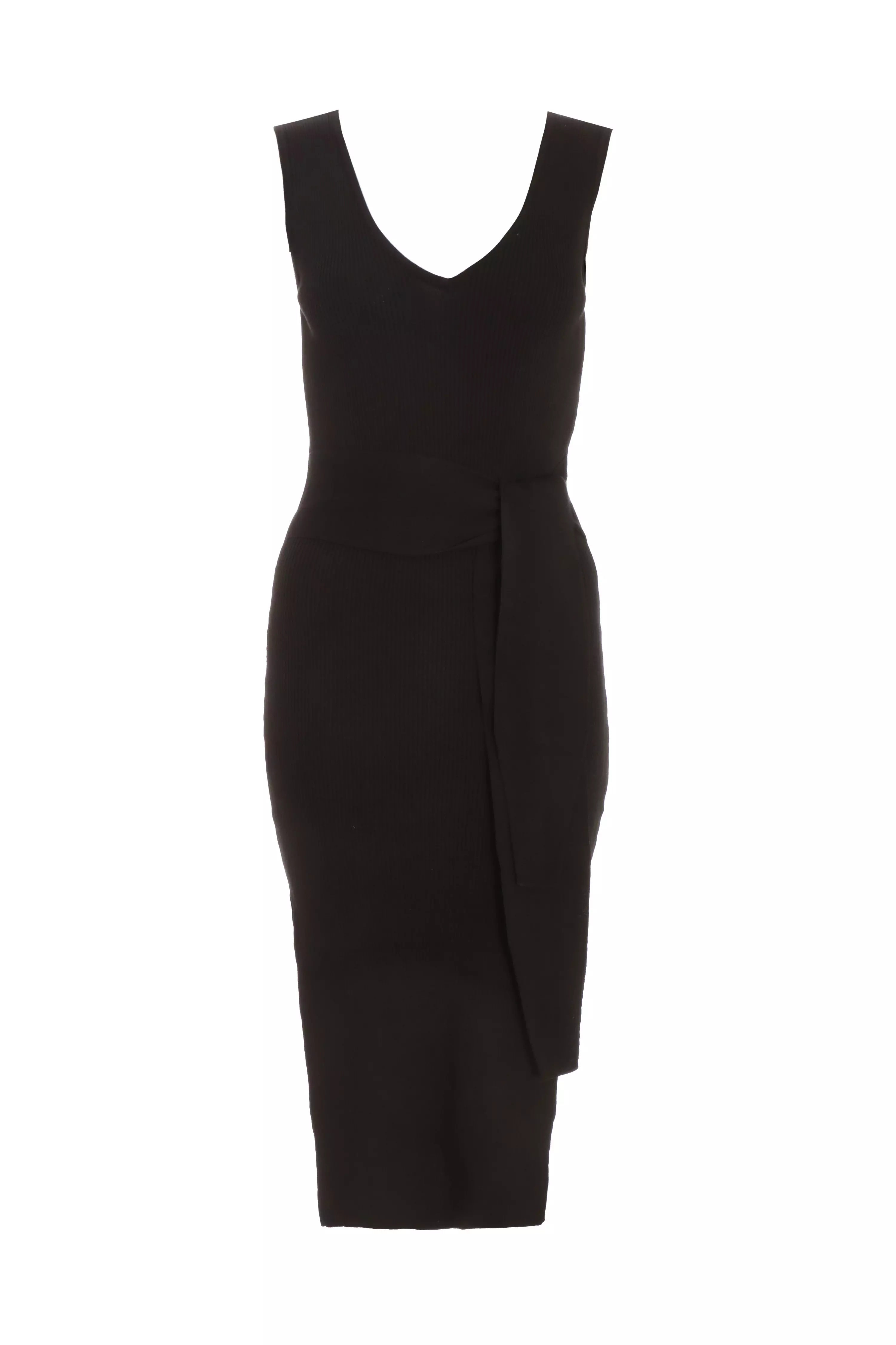 Black Knitted Tie Belt Bodycon Midi Dress