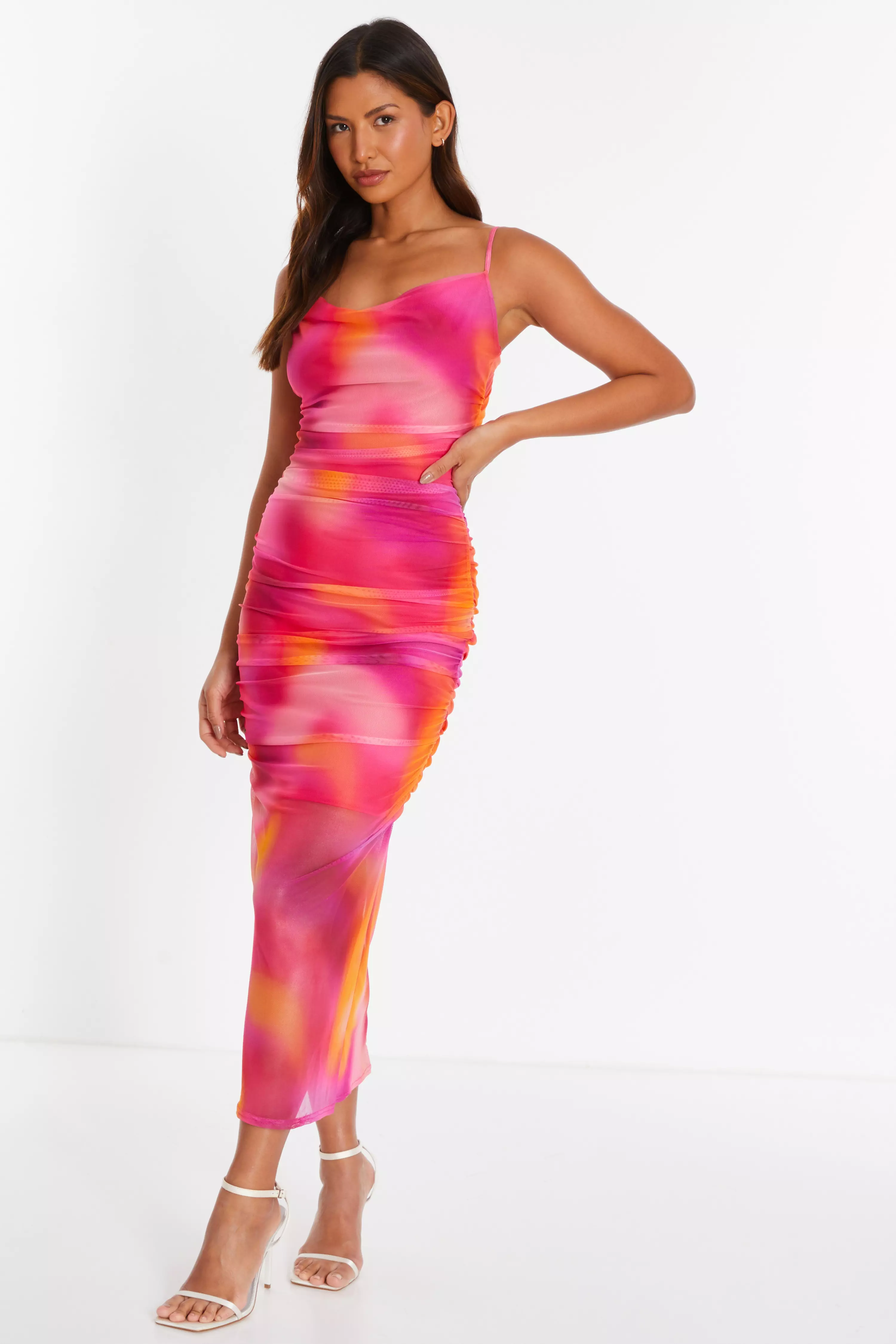 Pink Print Mesh Cowl Neck Midaxi Dress