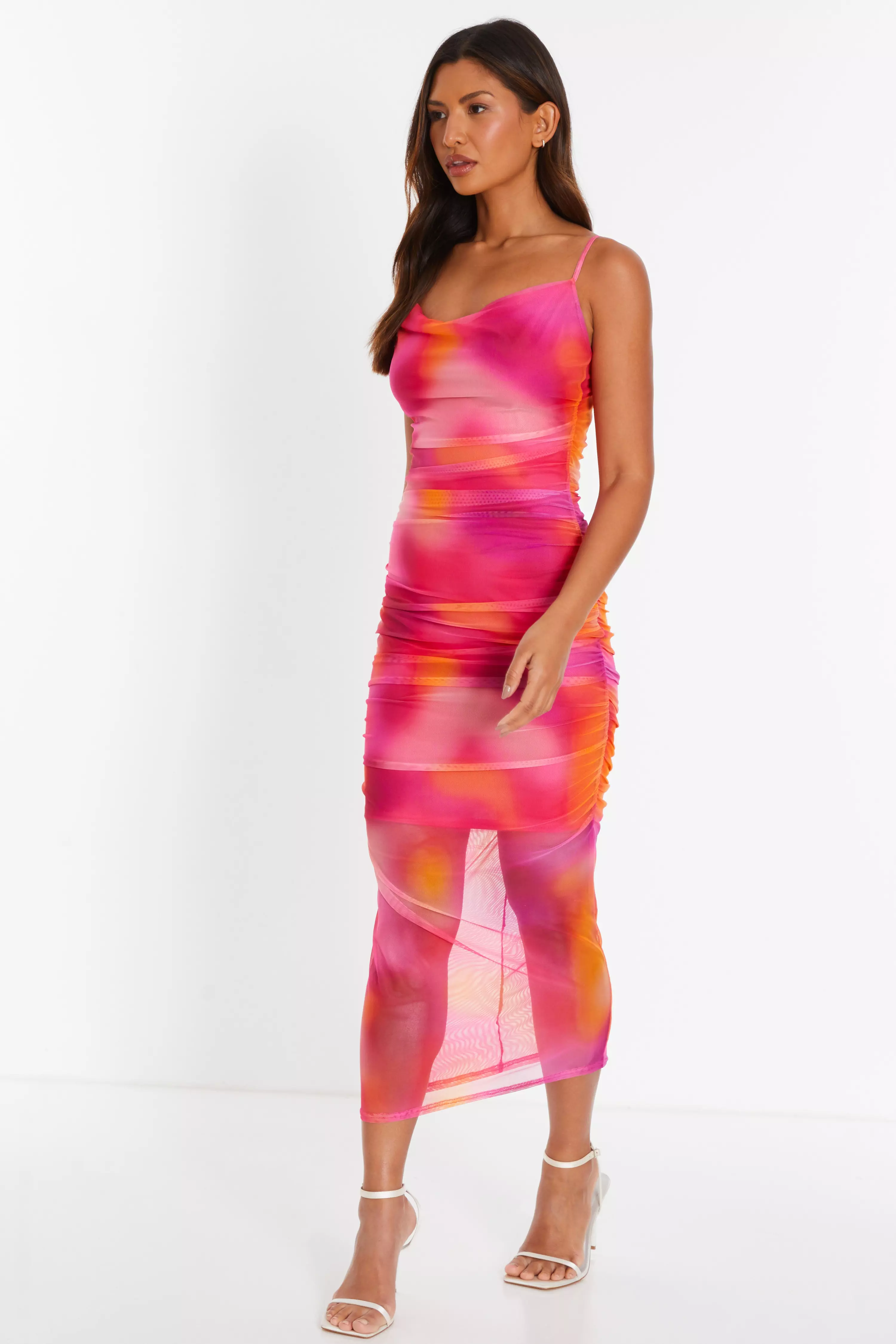 Pink Print Mesh Cowl Neck Midaxi Dress