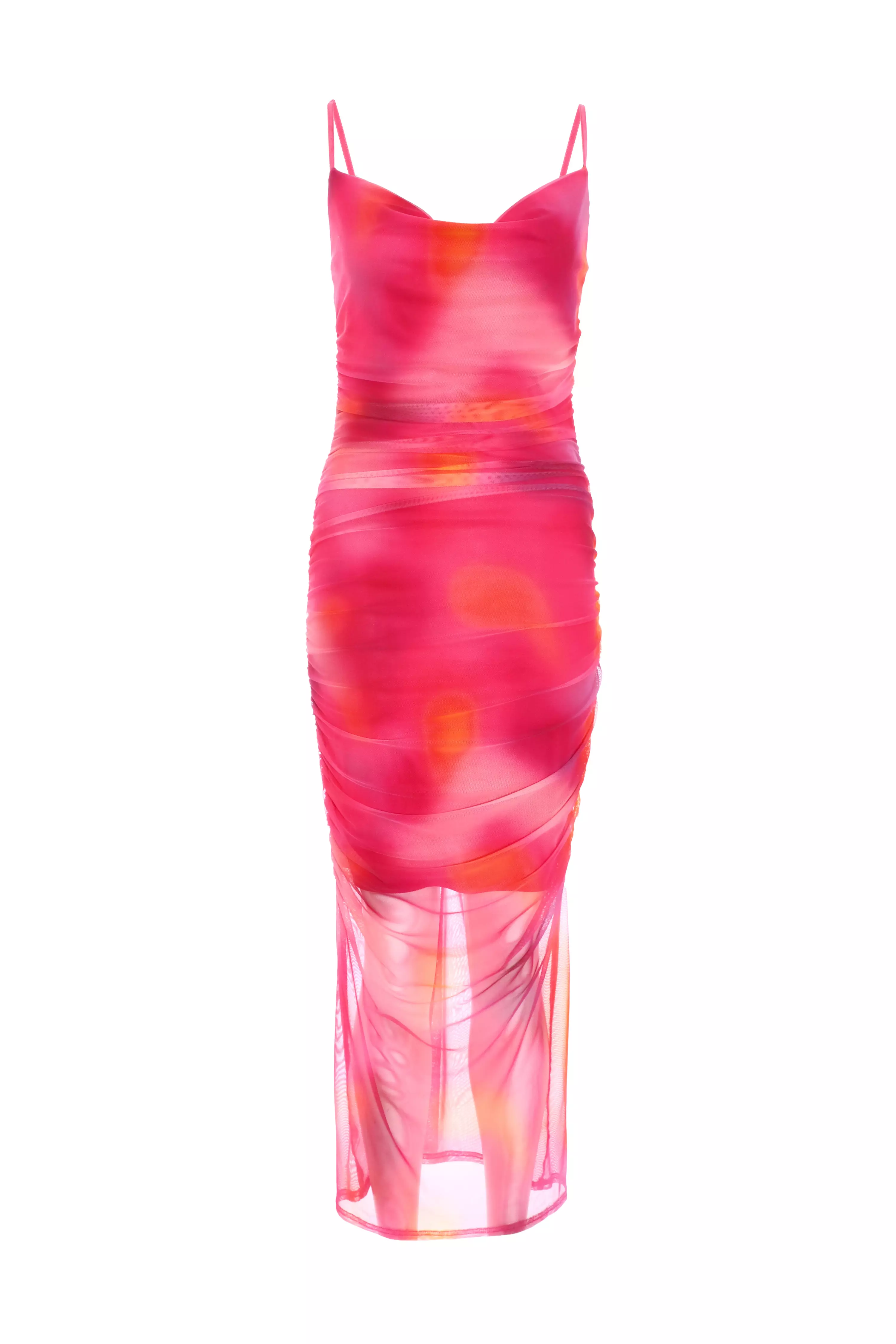 Pink Print Mesh Cowl Neck Midaxi Dress