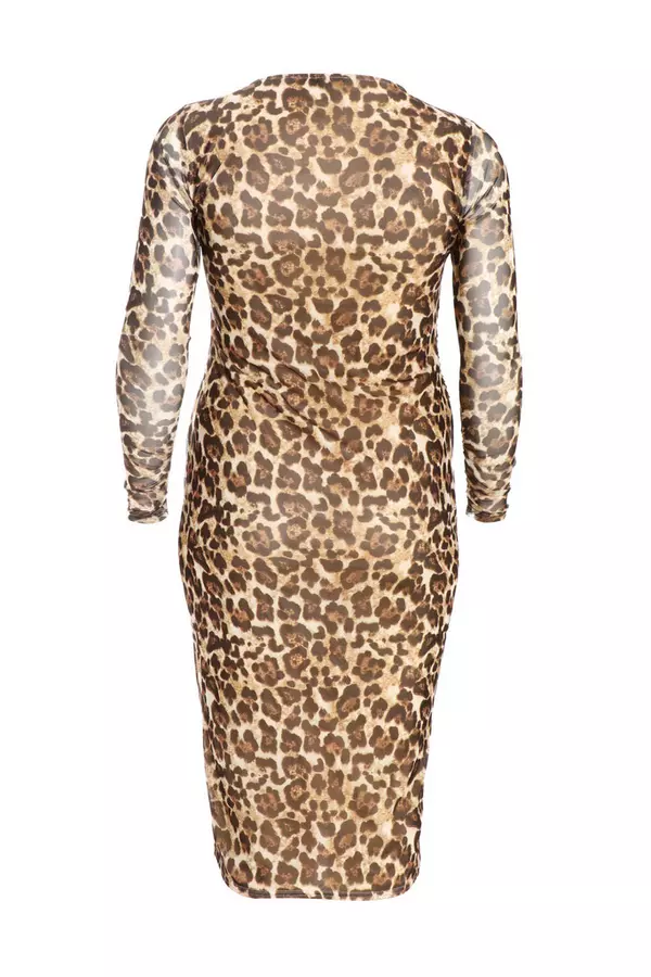 Curve Stone Leopard Print Long Sleeve Mesh Midaxi Dress