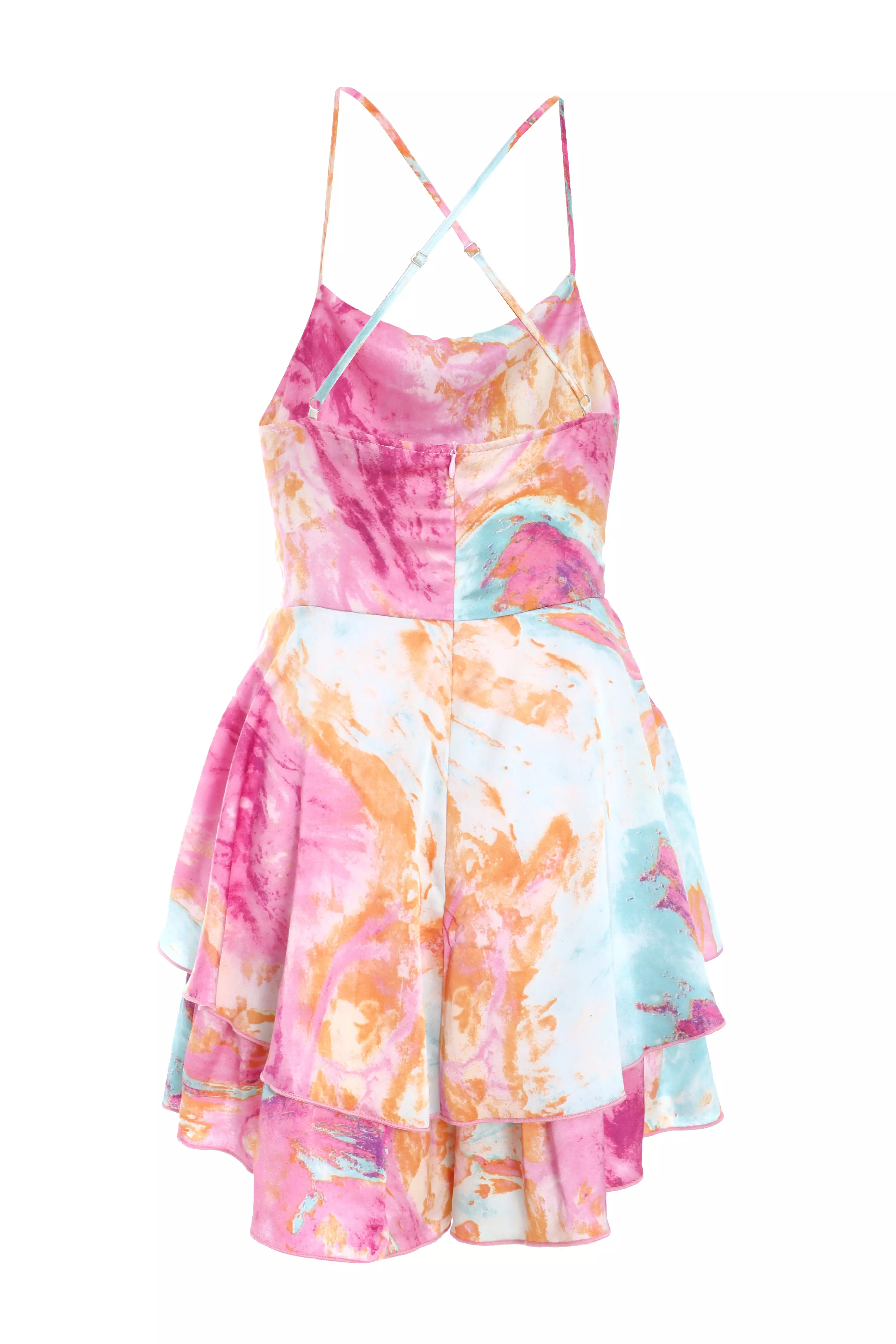 Pink Marble Print Satin Tiered Playsuit
