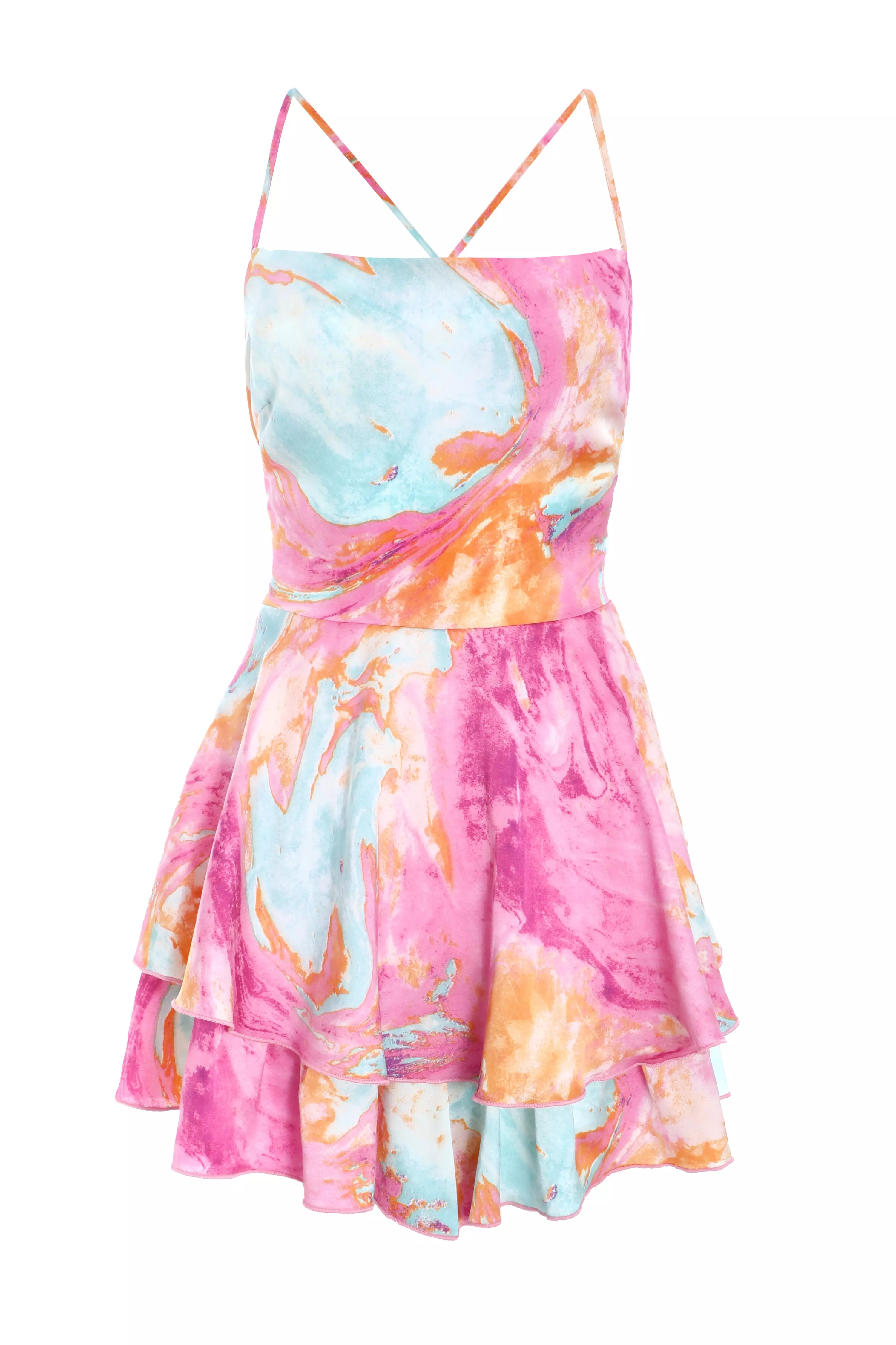 Pink Marble Print Satin Tiered Playsuit