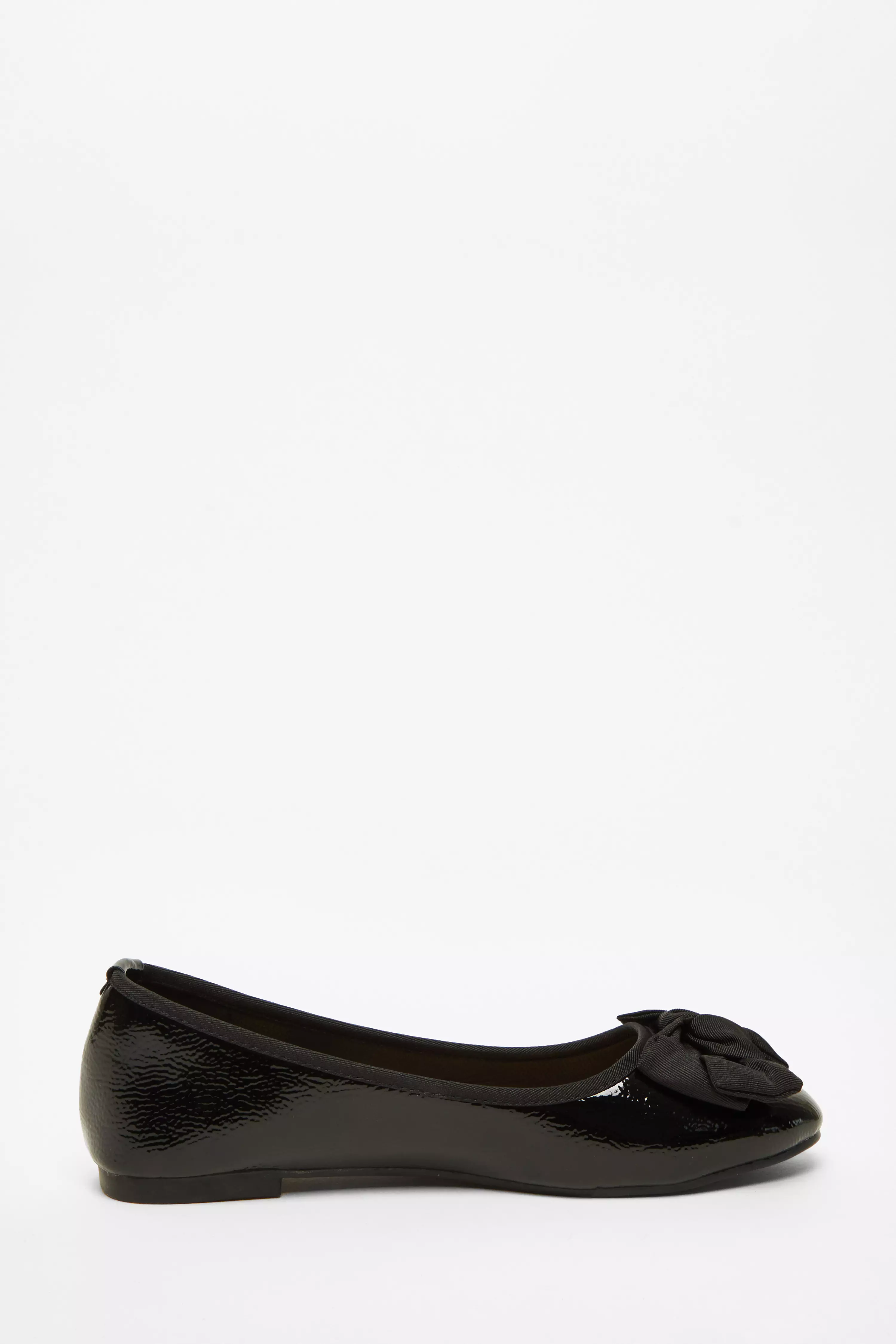 Black Faux Leather Patent Bow Flat Pumps