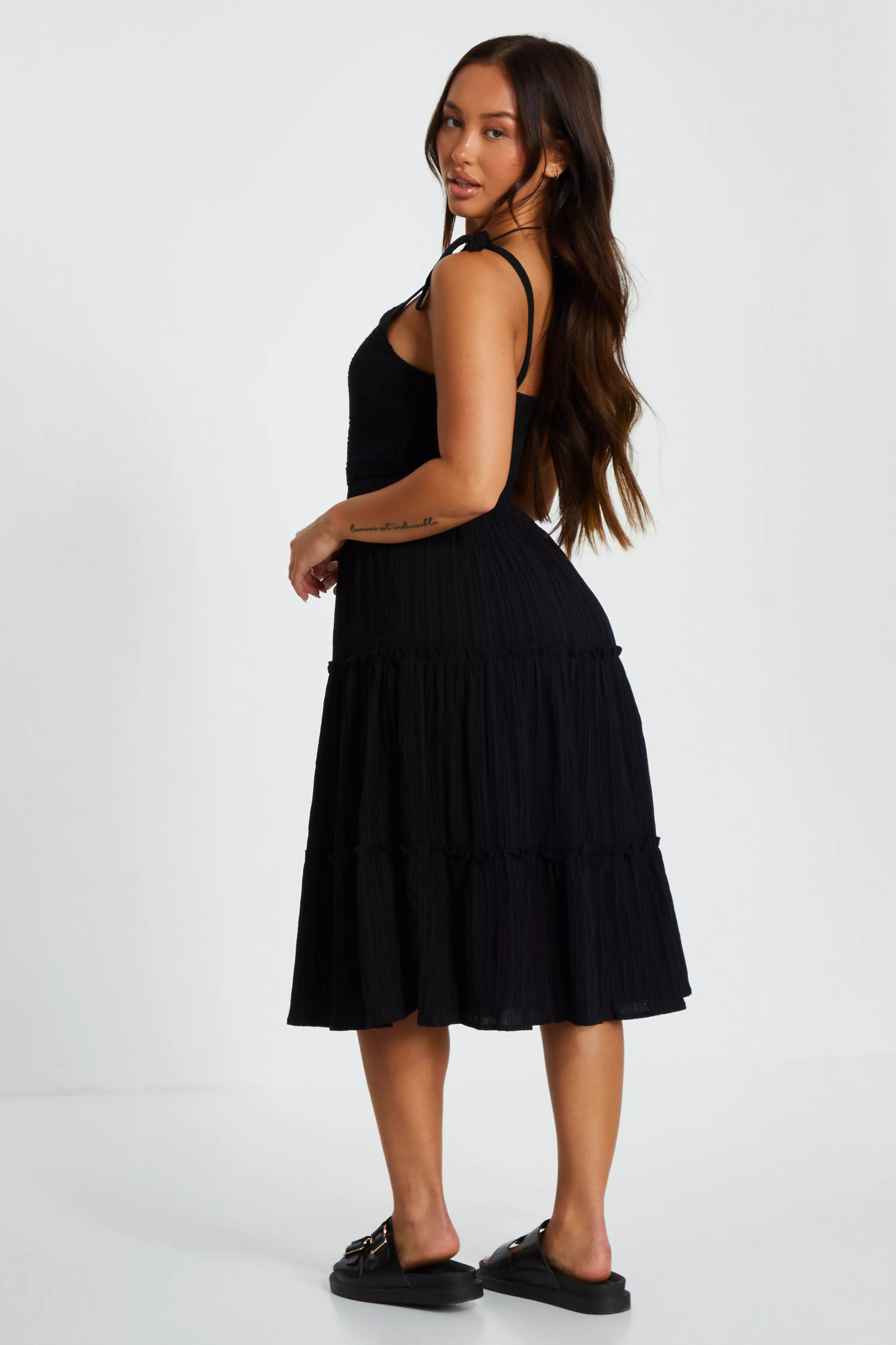 Petite Embroidered Strappy Tiered Midi Dress