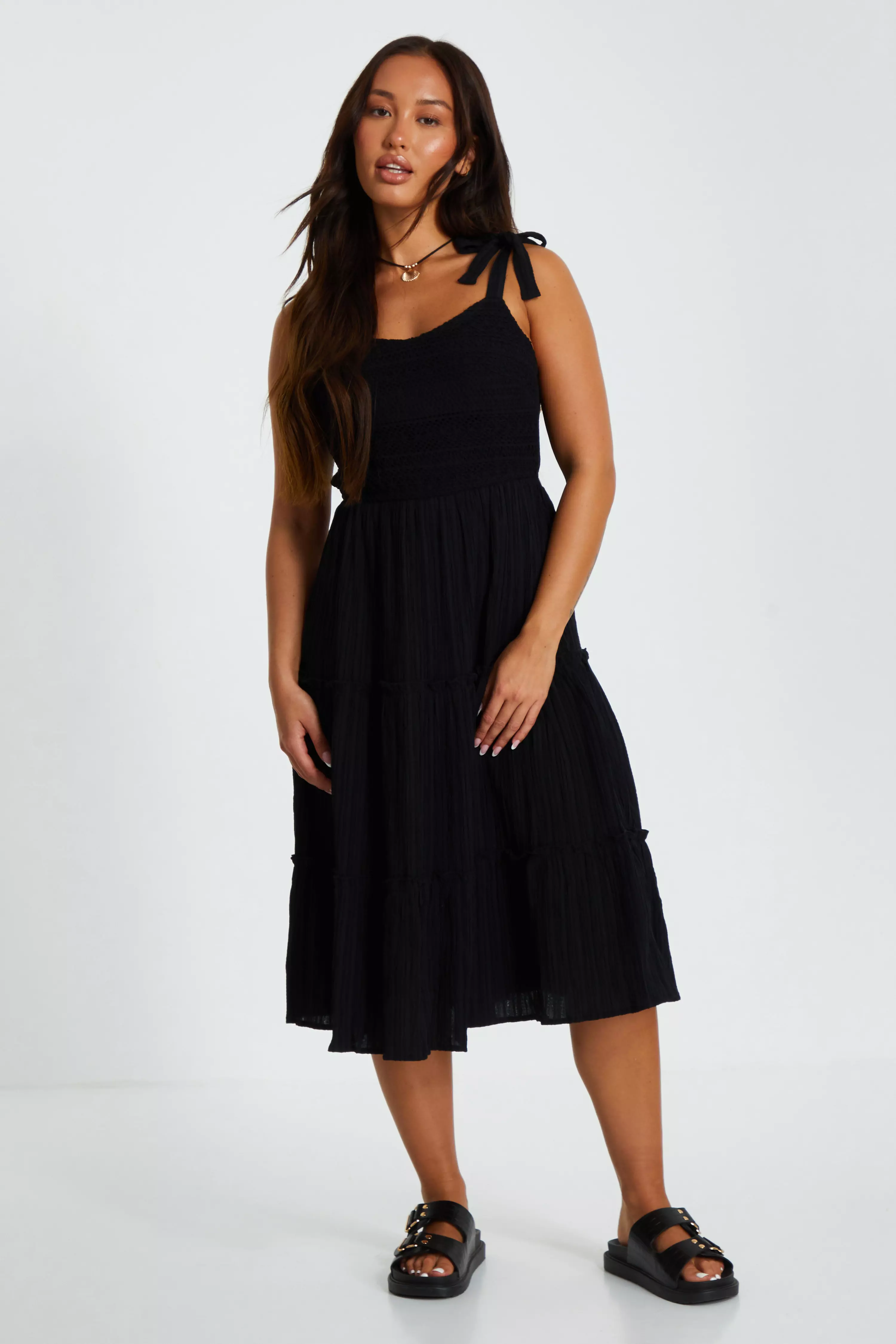 Petite Embroidered Strappy Tiered Midi Dress