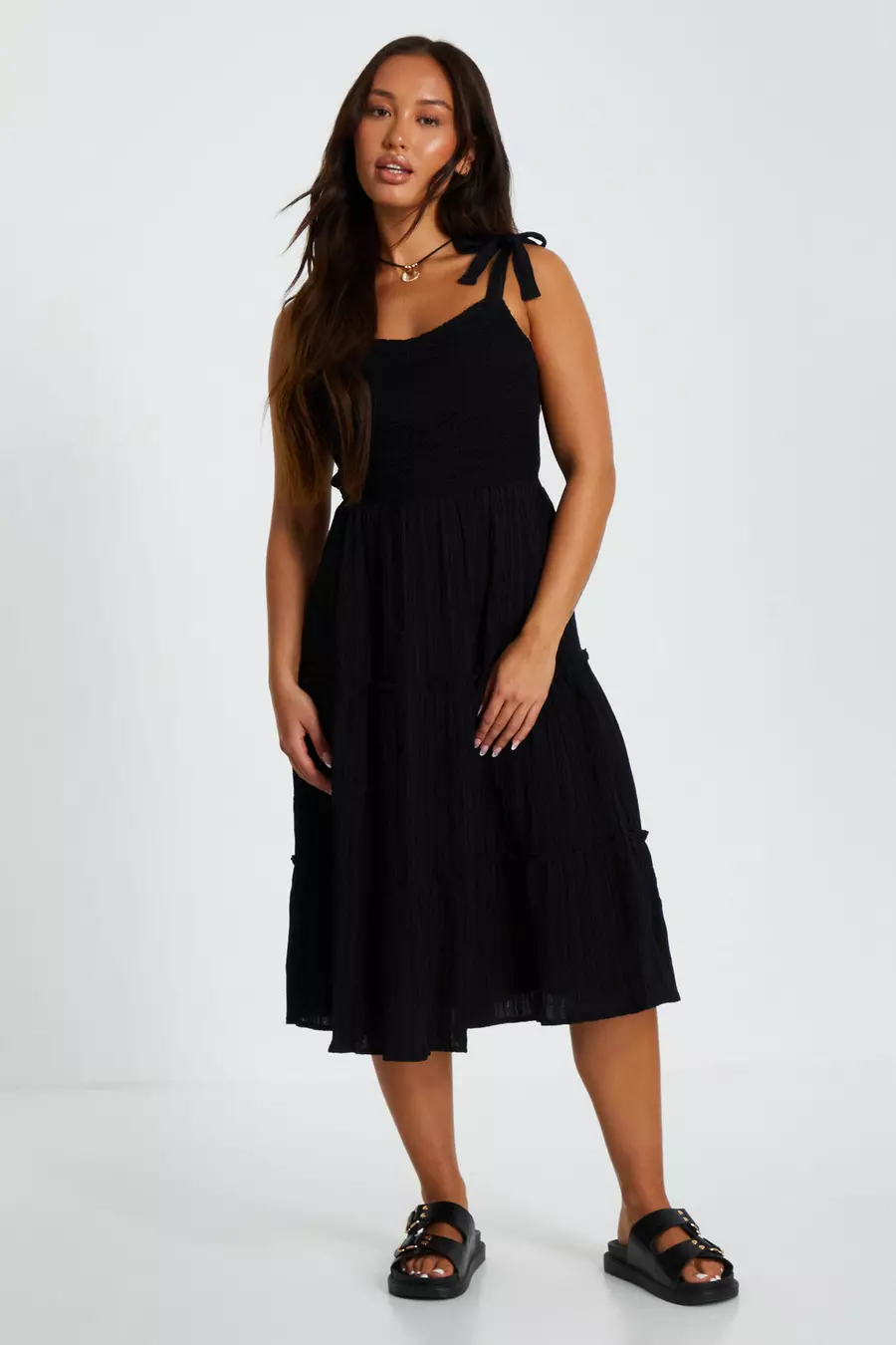 Petite Embroidered Strappy Tiered Midi Dress QUIZ Clothing