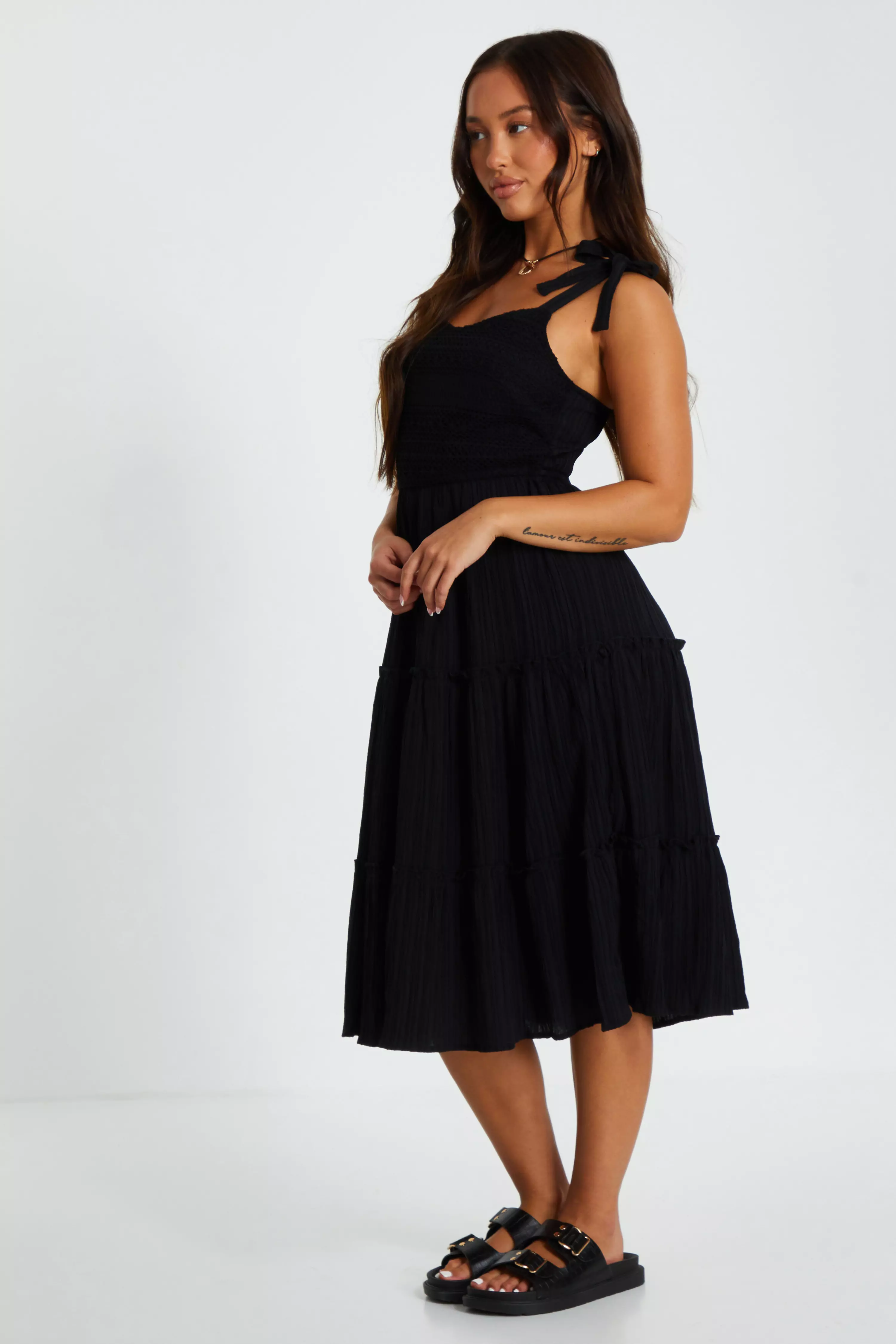 Petite Embroidered Strappy Tiered Midi Dress