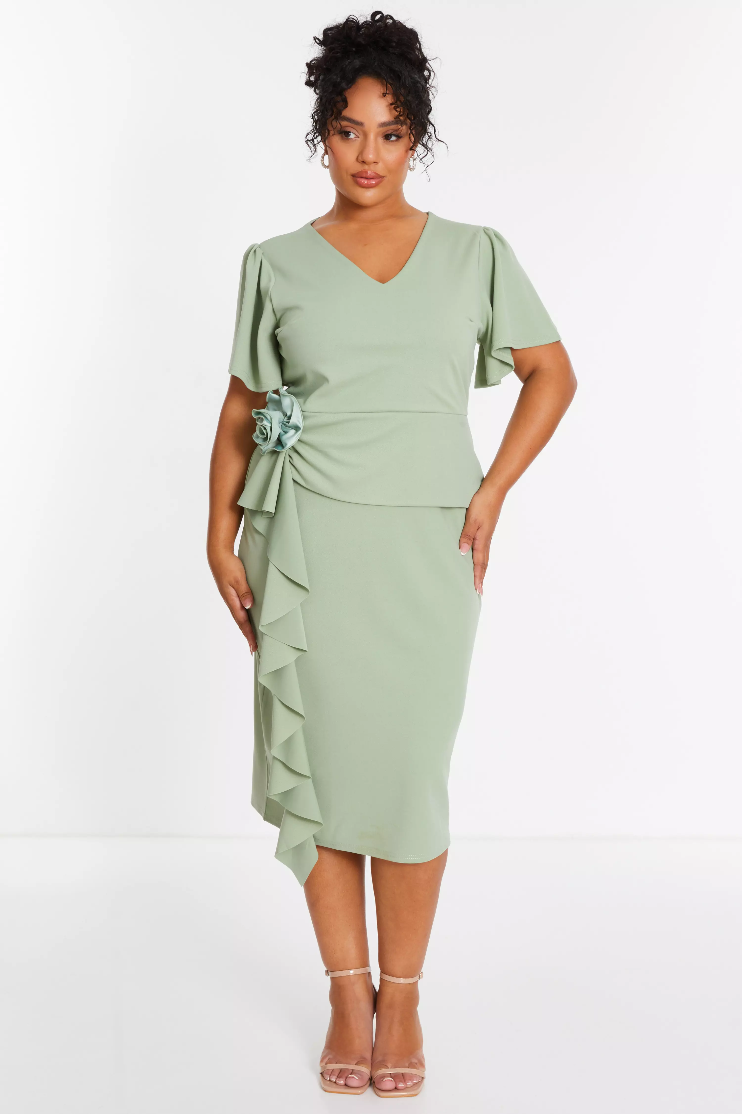 Curve Sage Flower Corsage Midi Dress