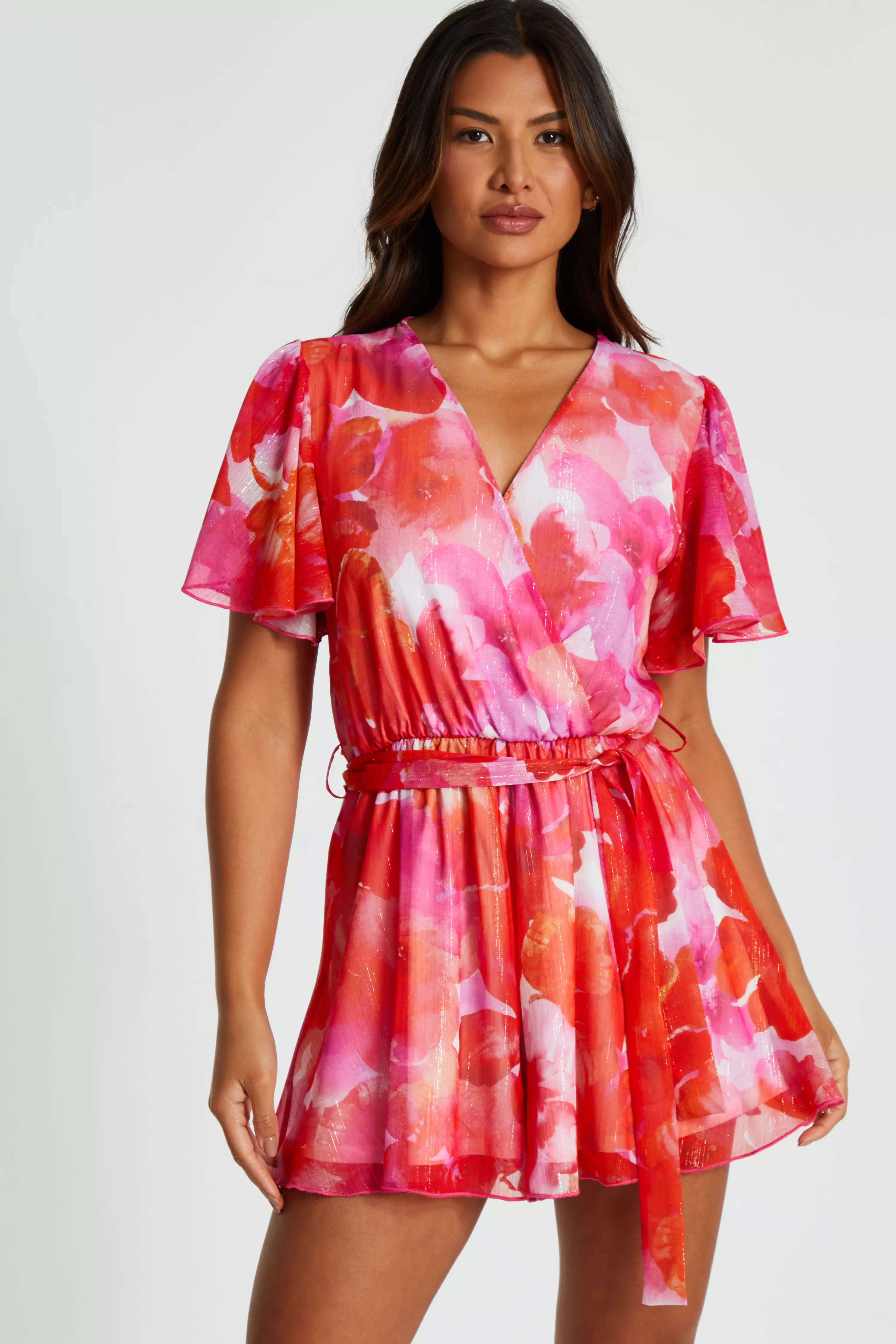 Pink Floral Metallic Wrap Playsuit