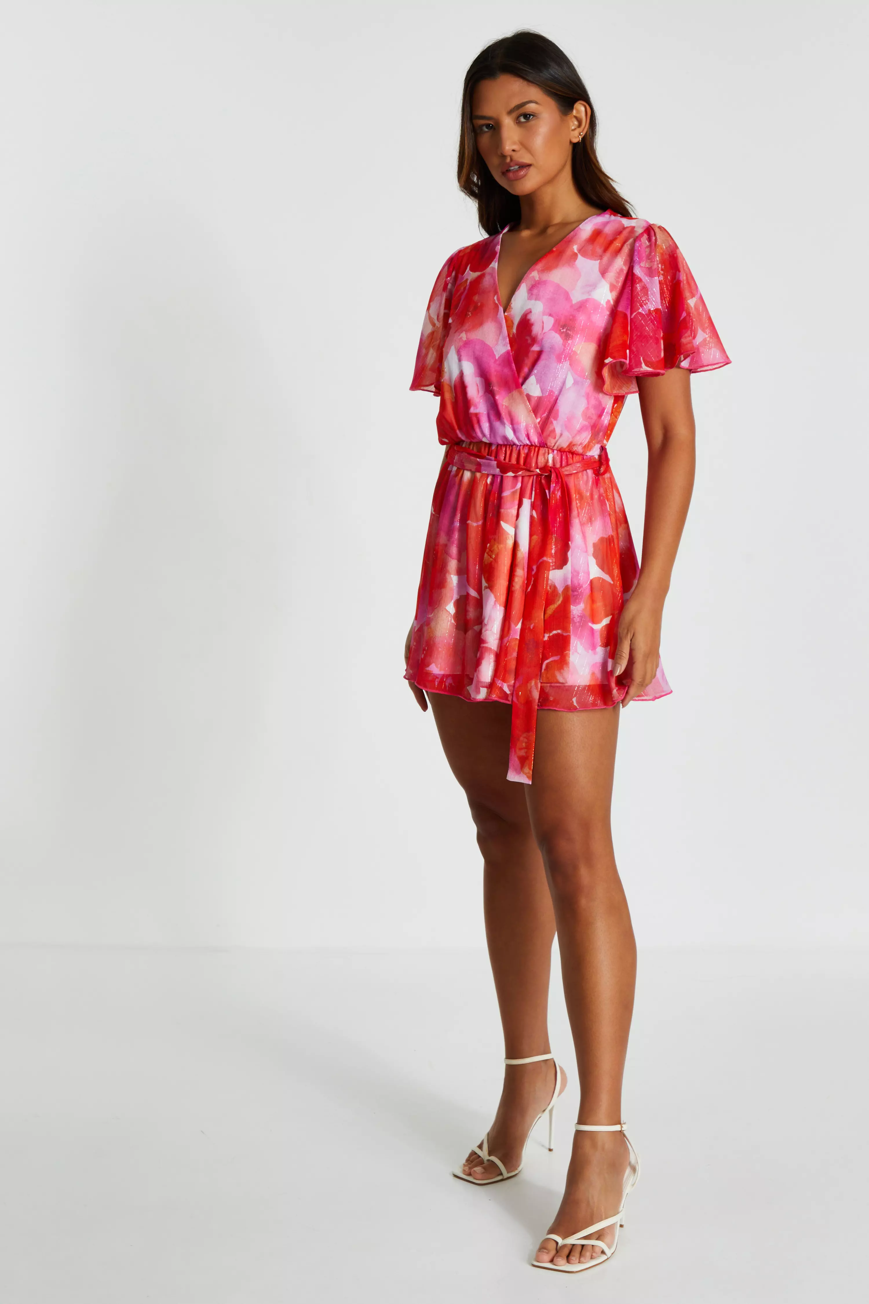 Pink Floral Metallic Wrap Playsuit