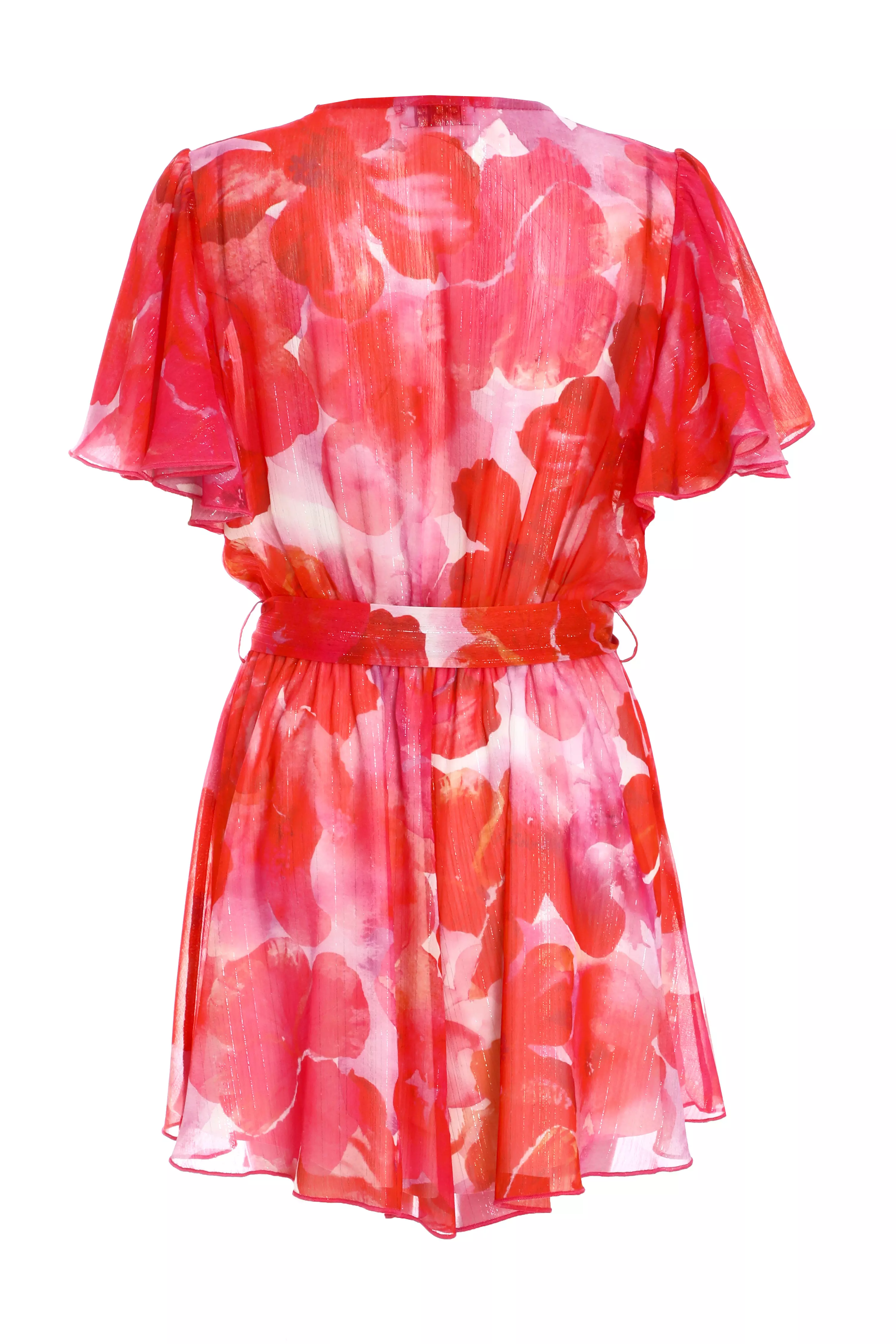 Pink Floral Metallic Wrap Playsuit