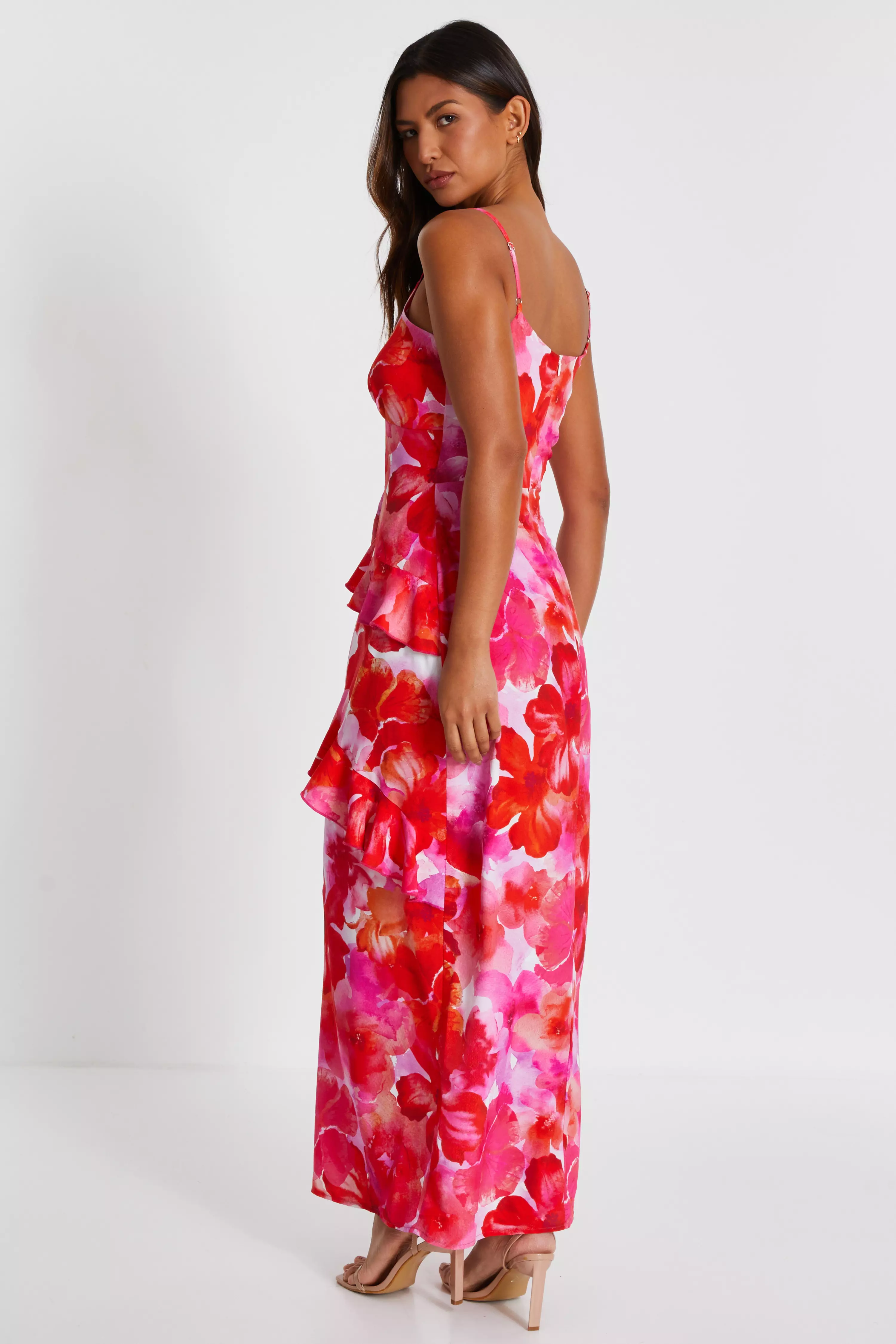 Pink Floral Ruffle Maxi Dress