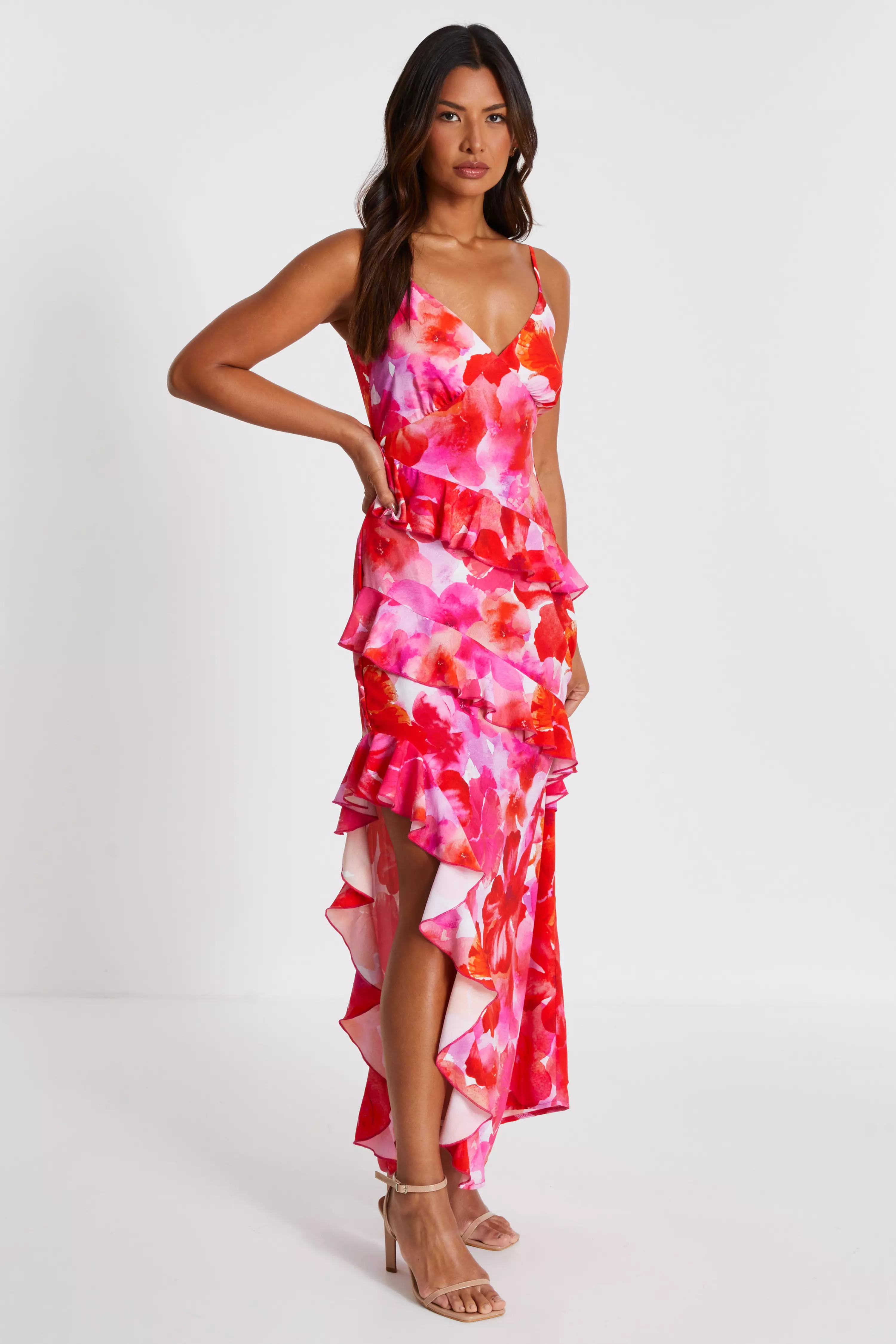 Pink Floral Ruffle Maxi Dress