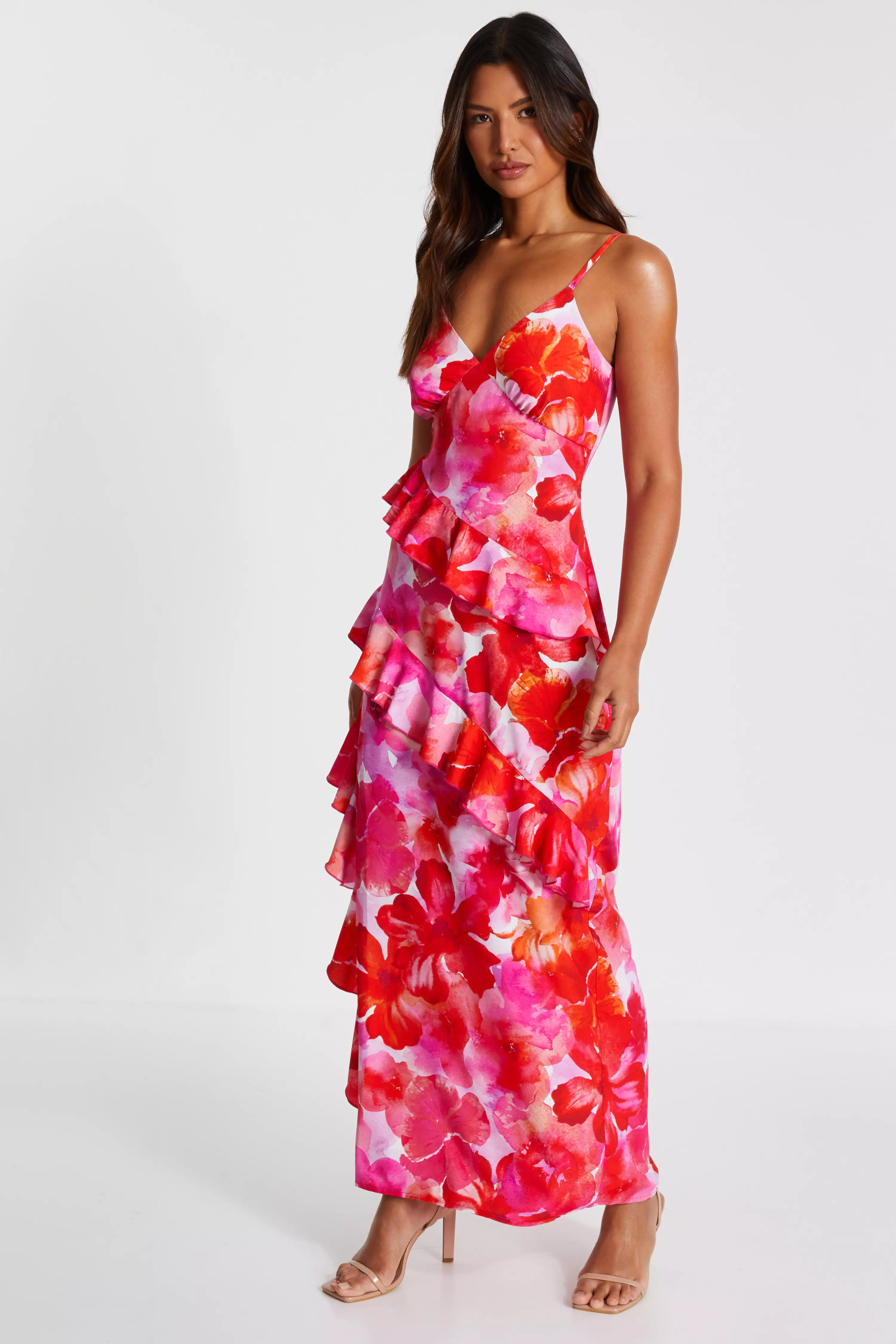 Pink Floral Ruffle Maxi Dress