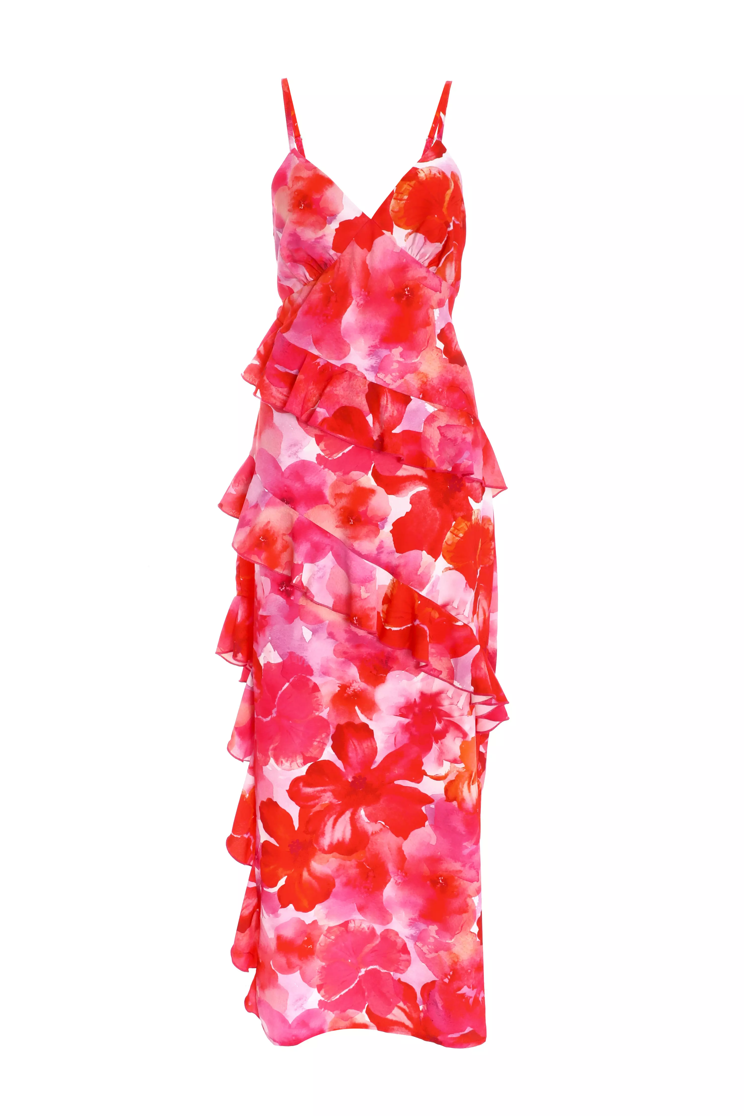 Pink Floral Ruffle Maxi Dress