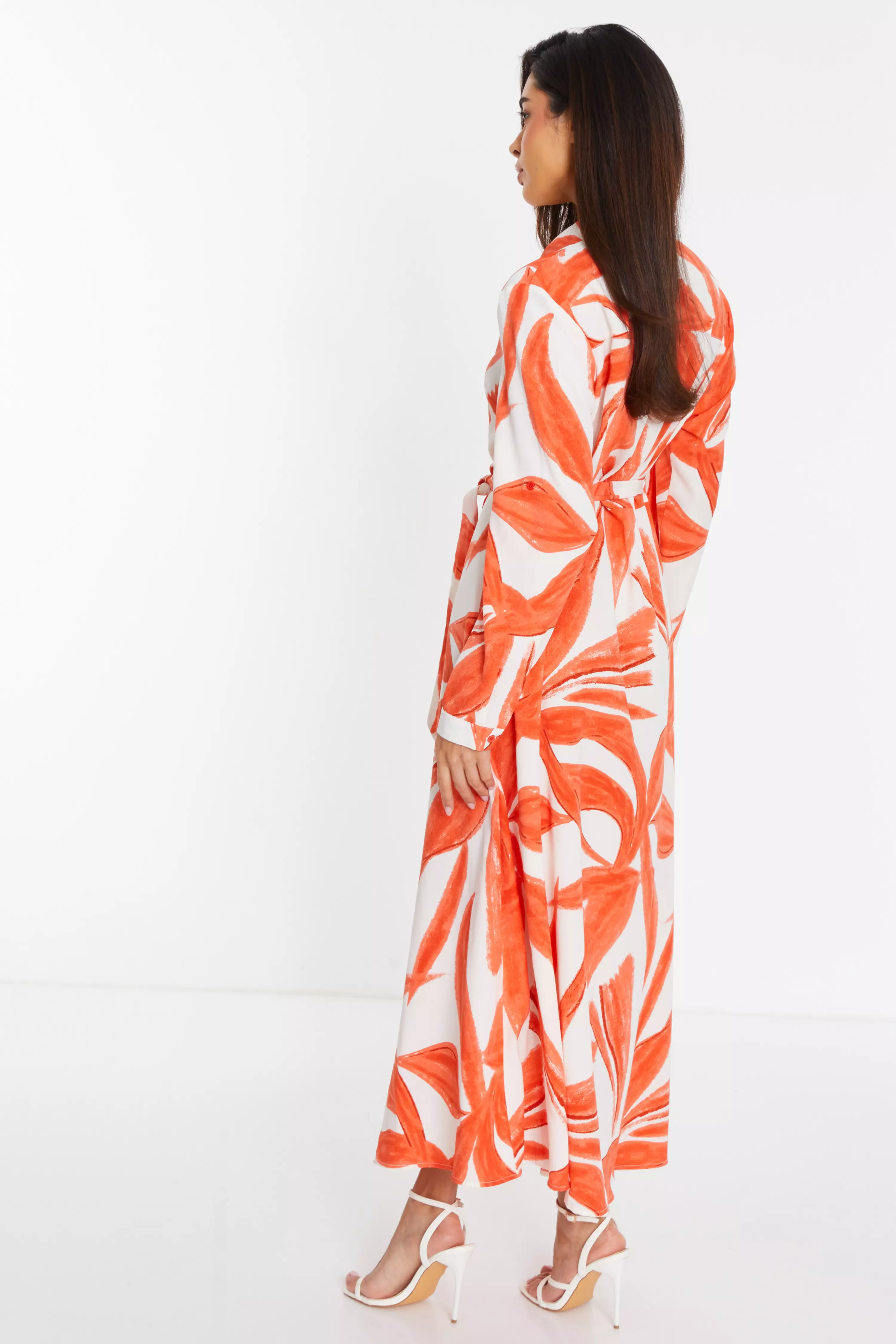 Orange Tropical Print Shirt Maxi Dress