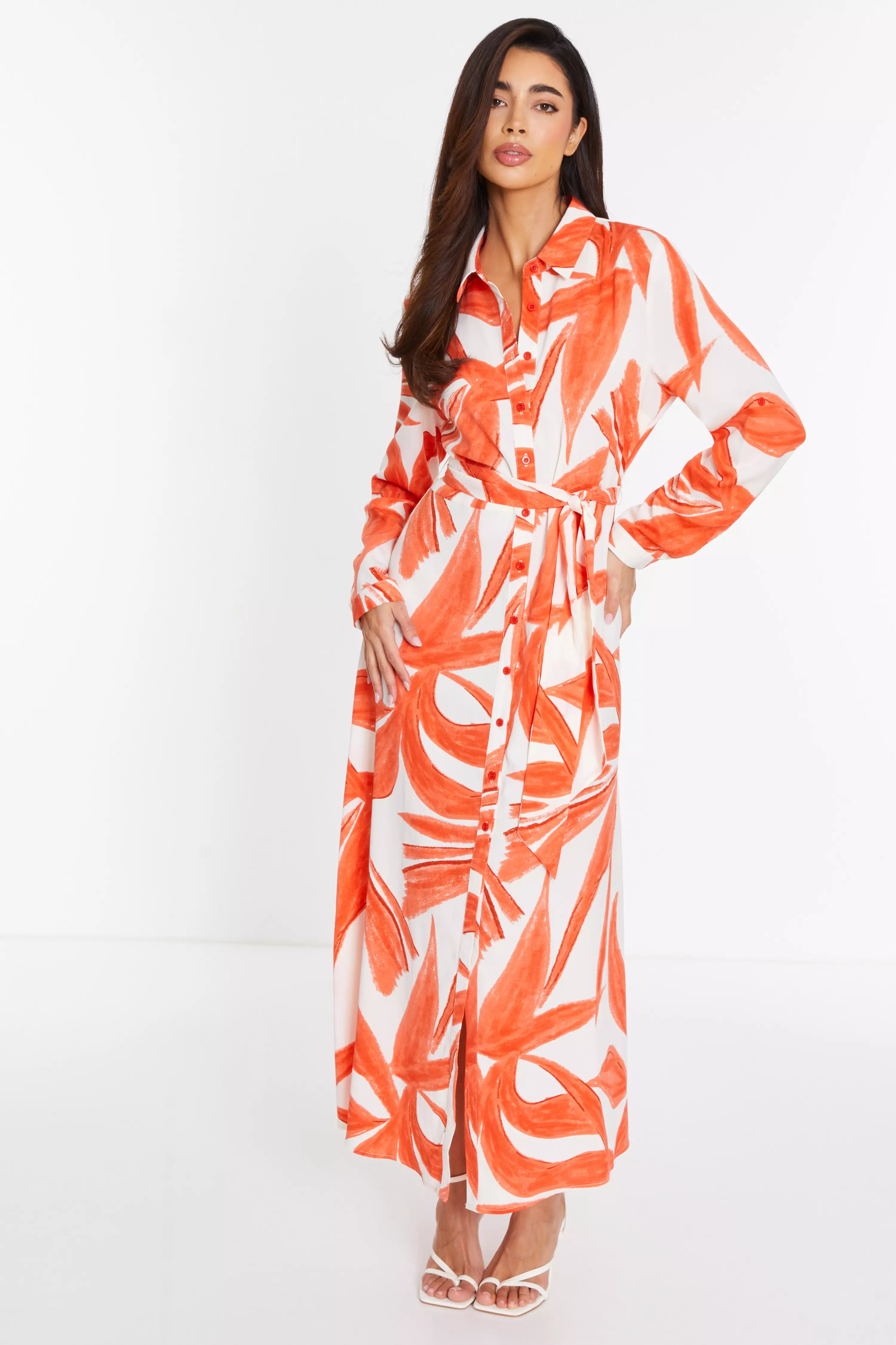 Orange Tropical Print Shirt Maxi Dress