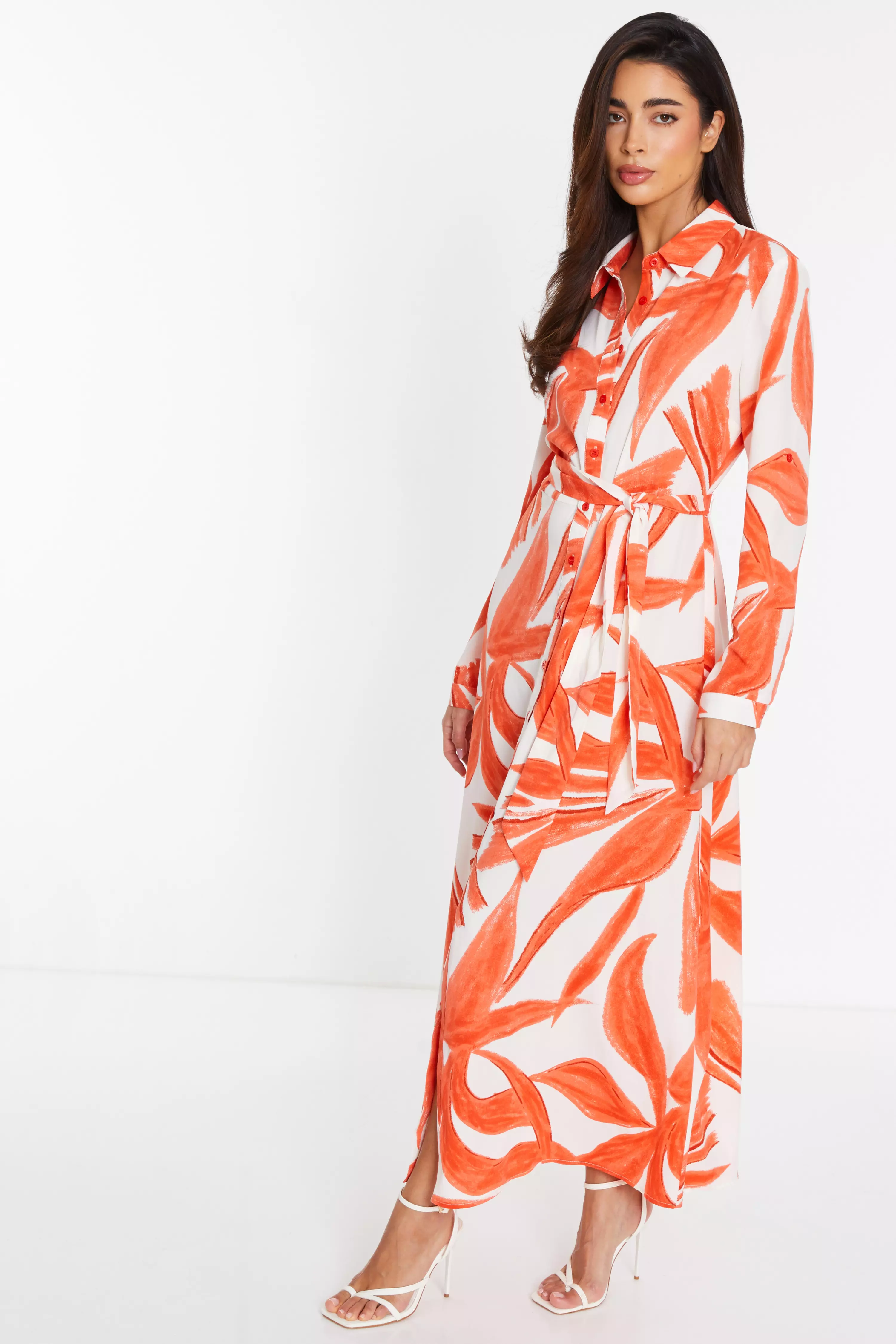 Orange Tropical Print Shirt Maxi Dress