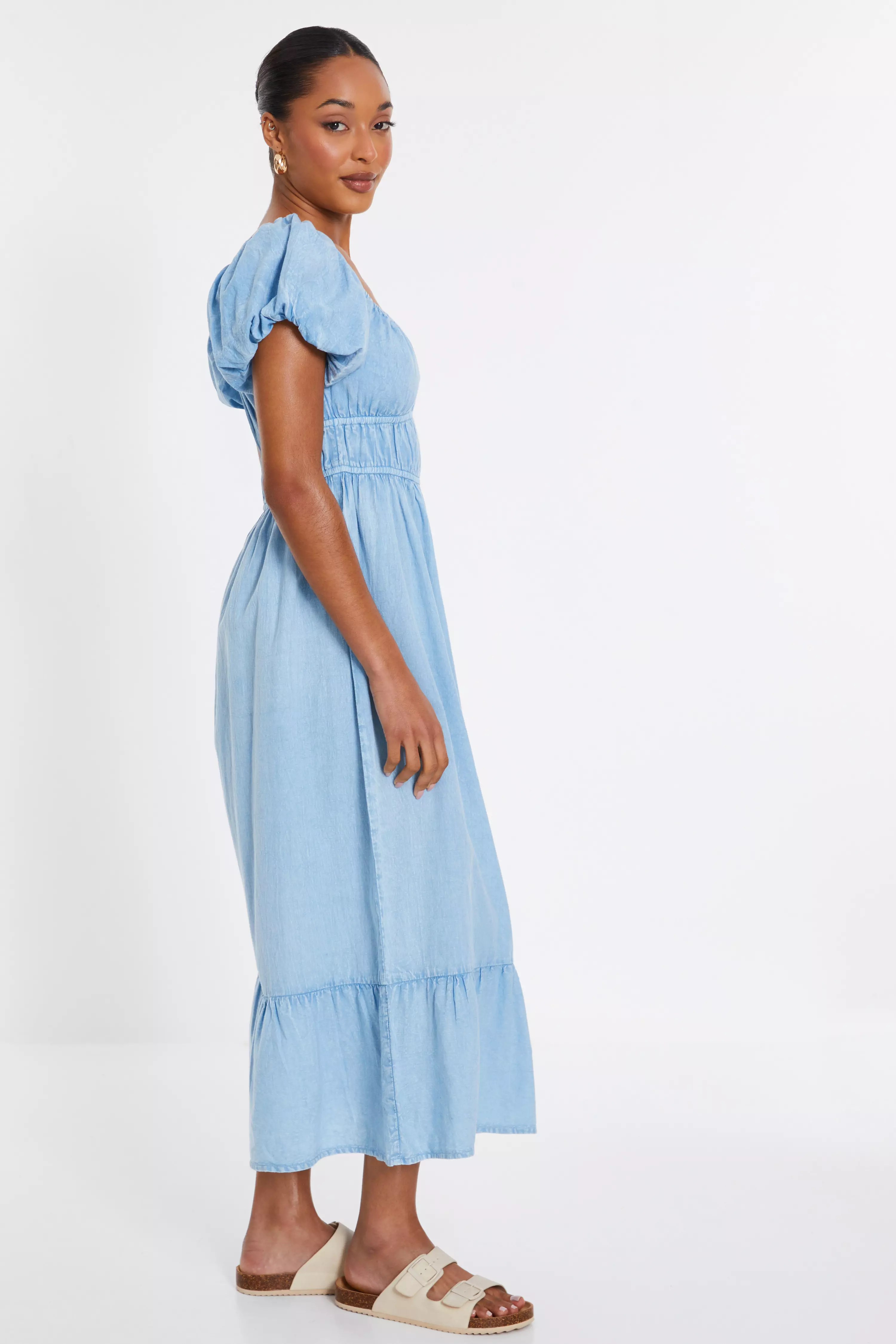 Blue Denim Puff Sleeve Midi Dress