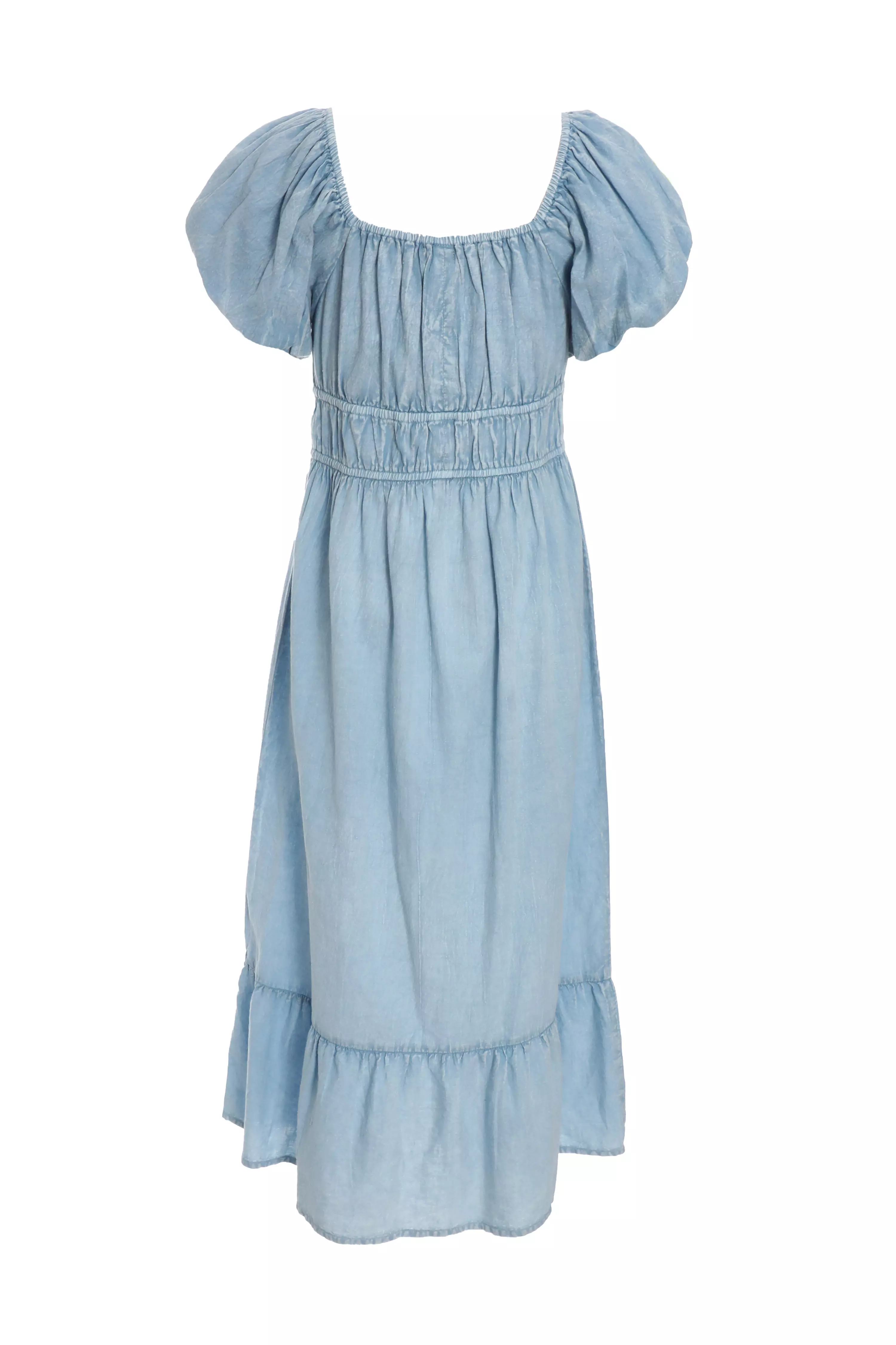 Blue Denim Puff Sleeve Midi Dress