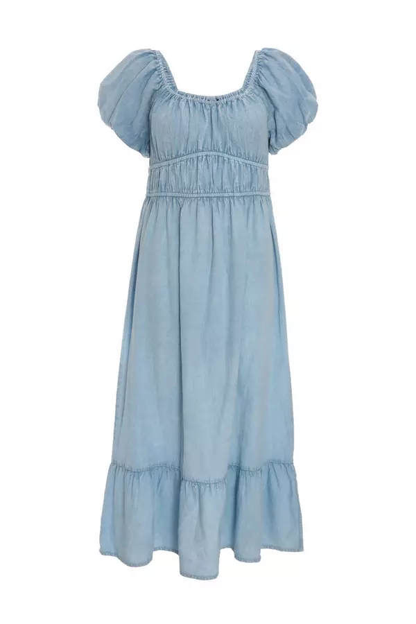 Blue Denim Puff Sleeve Midi Dress