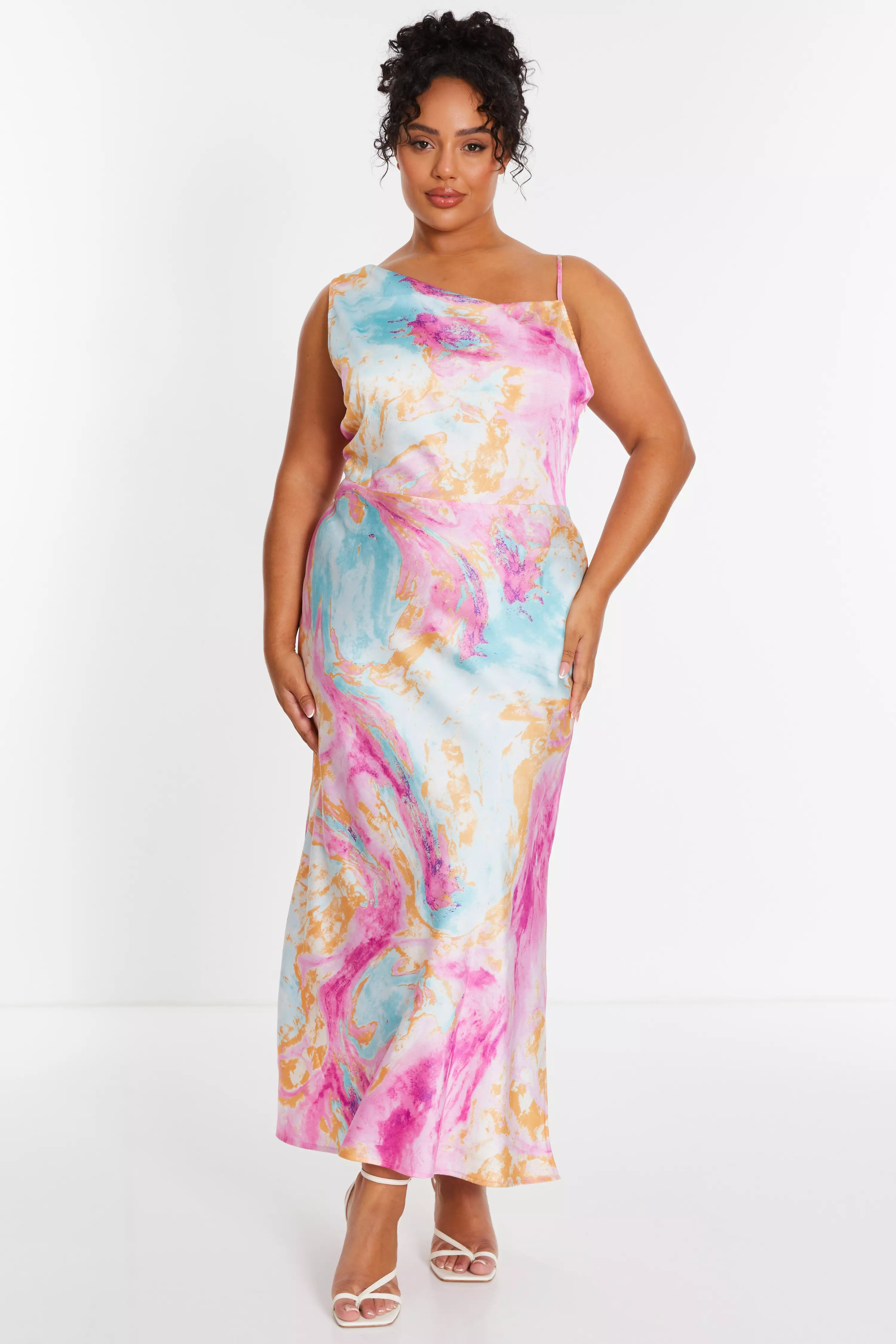 Curve Pink Marble Print Satin Midaxi Dress
