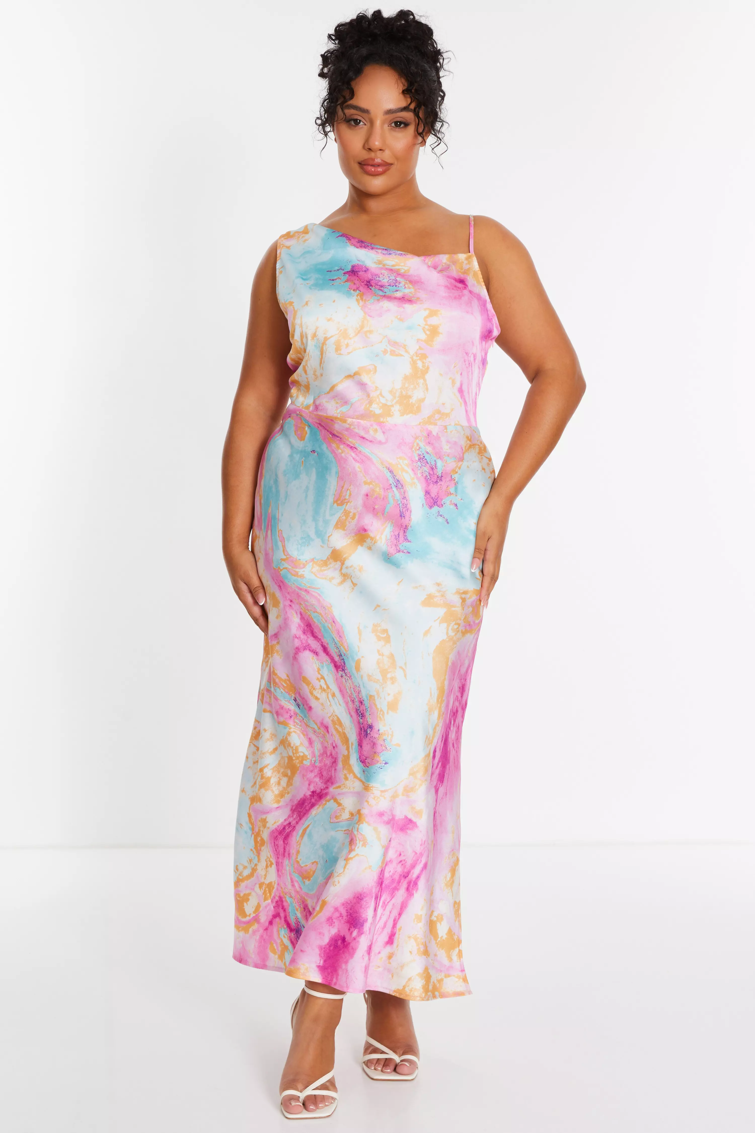 Curve Pink Marble Print Satin Midaxi Dress