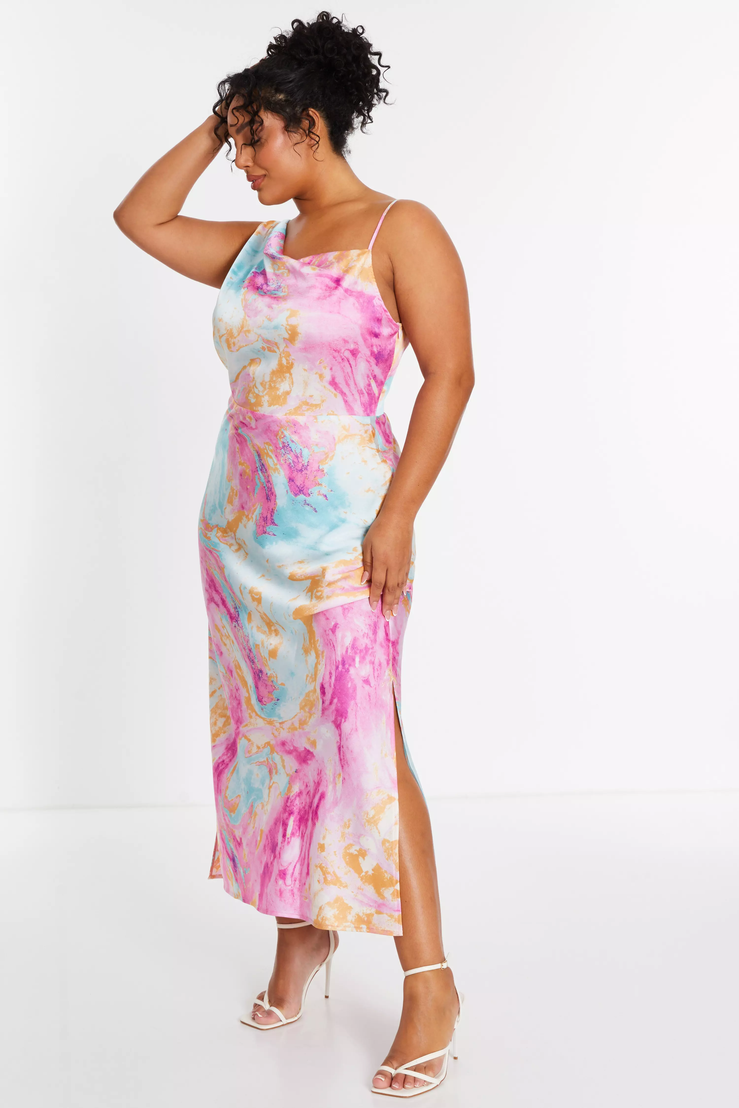 Curve Pink Marble Print Satin Midaxi Dress
