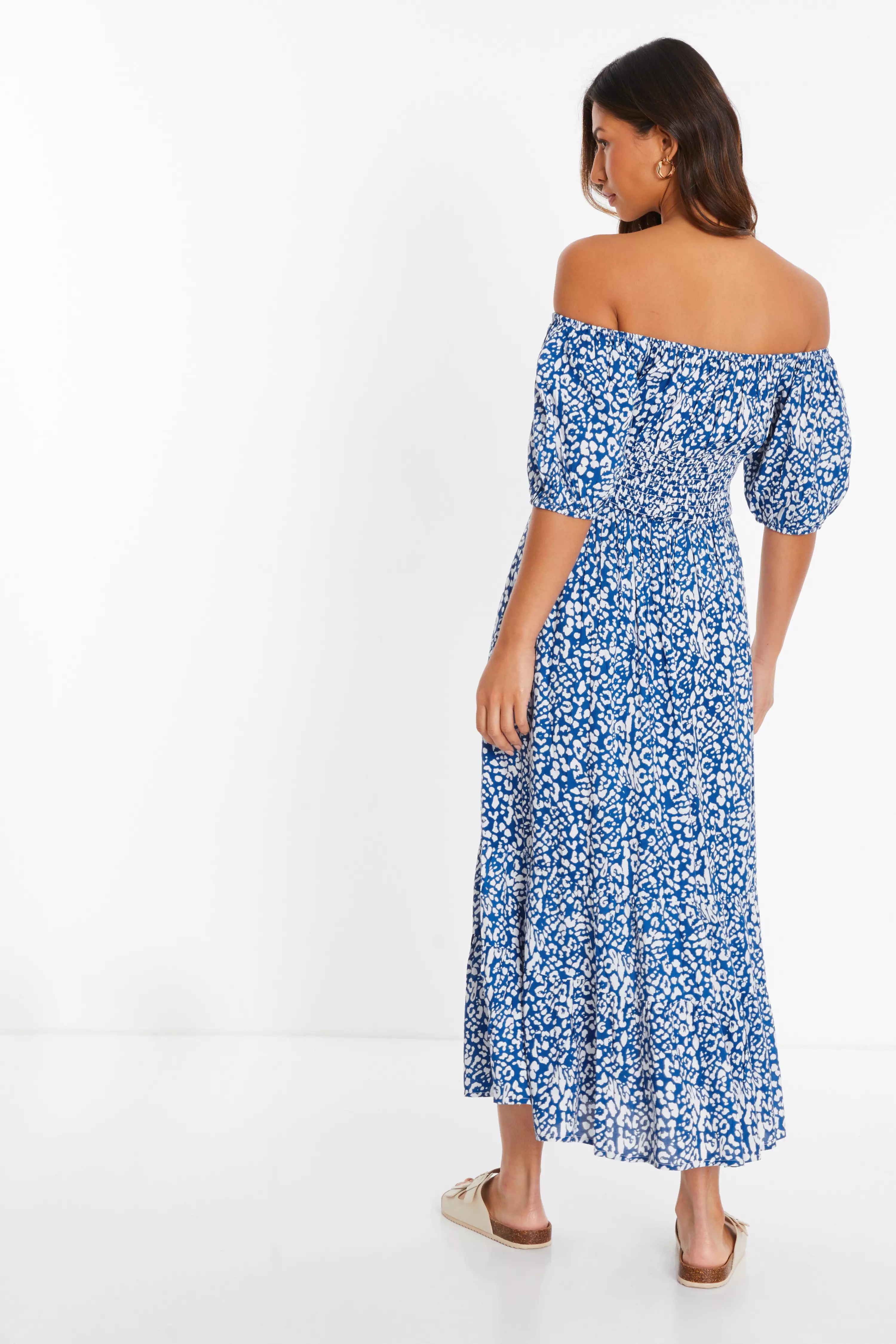 Blue Animal Print Bardot Midi Dress