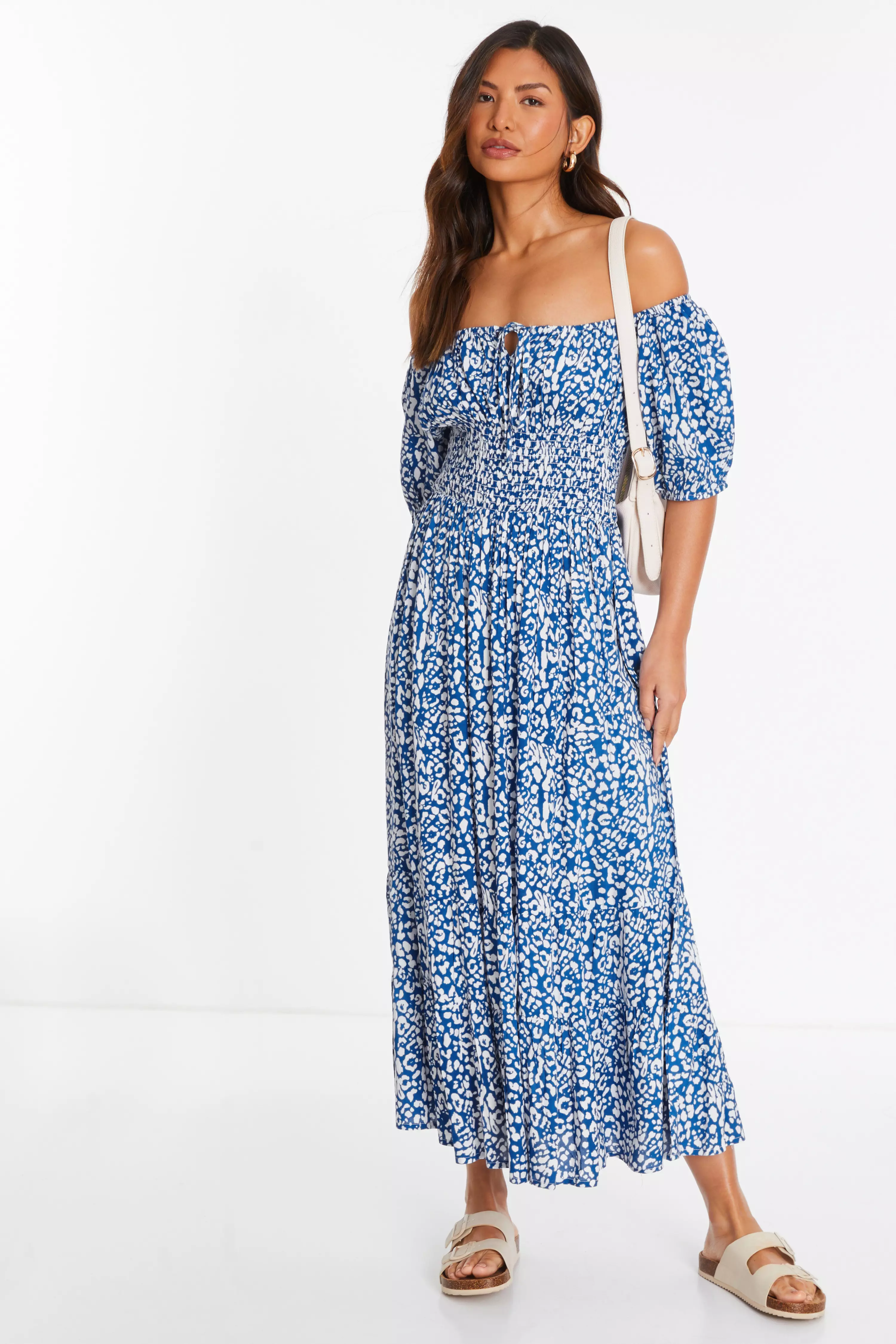 Blue Animal Print Bardot Midi Dress