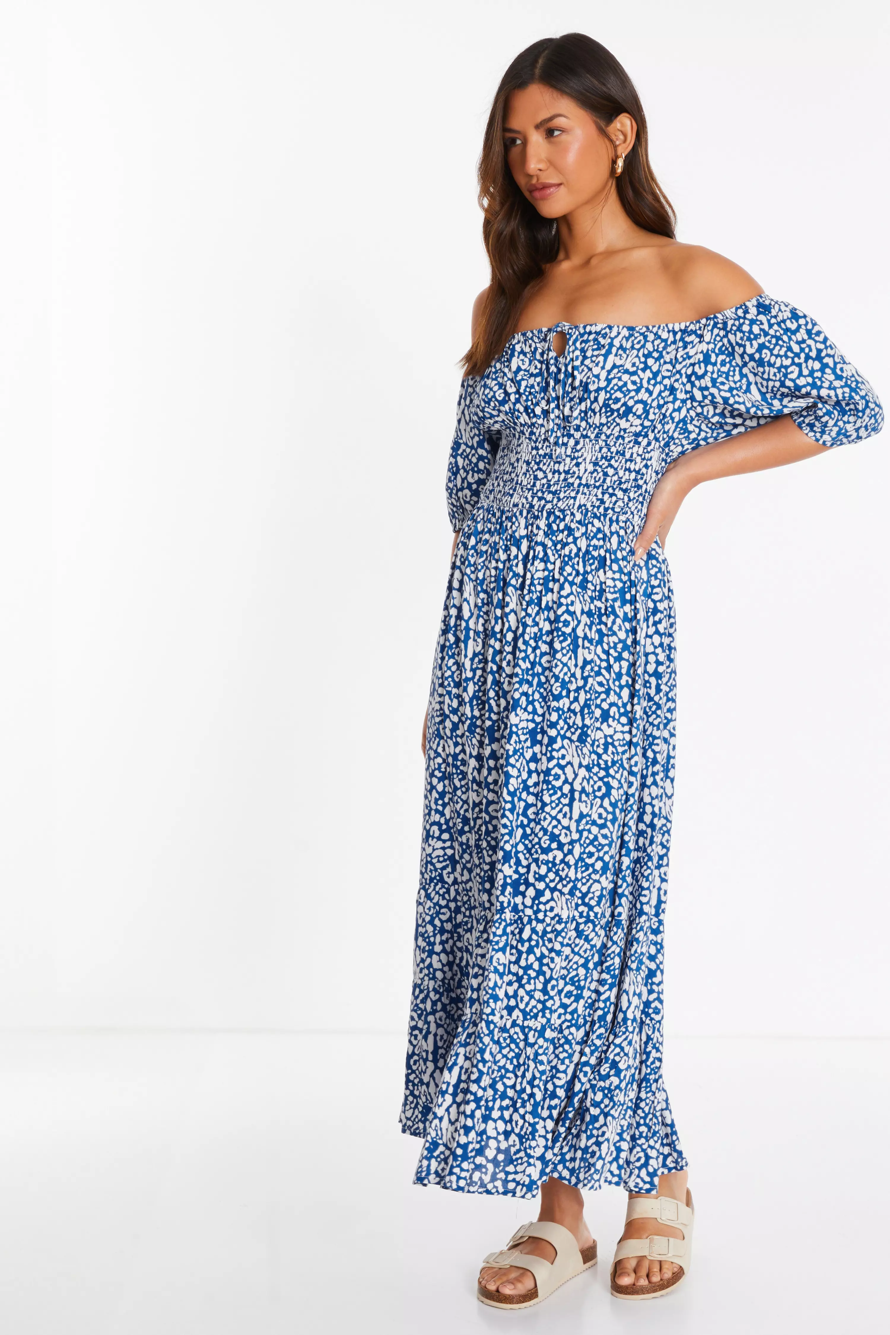 Blue Animal Print Bardot Midi Dress