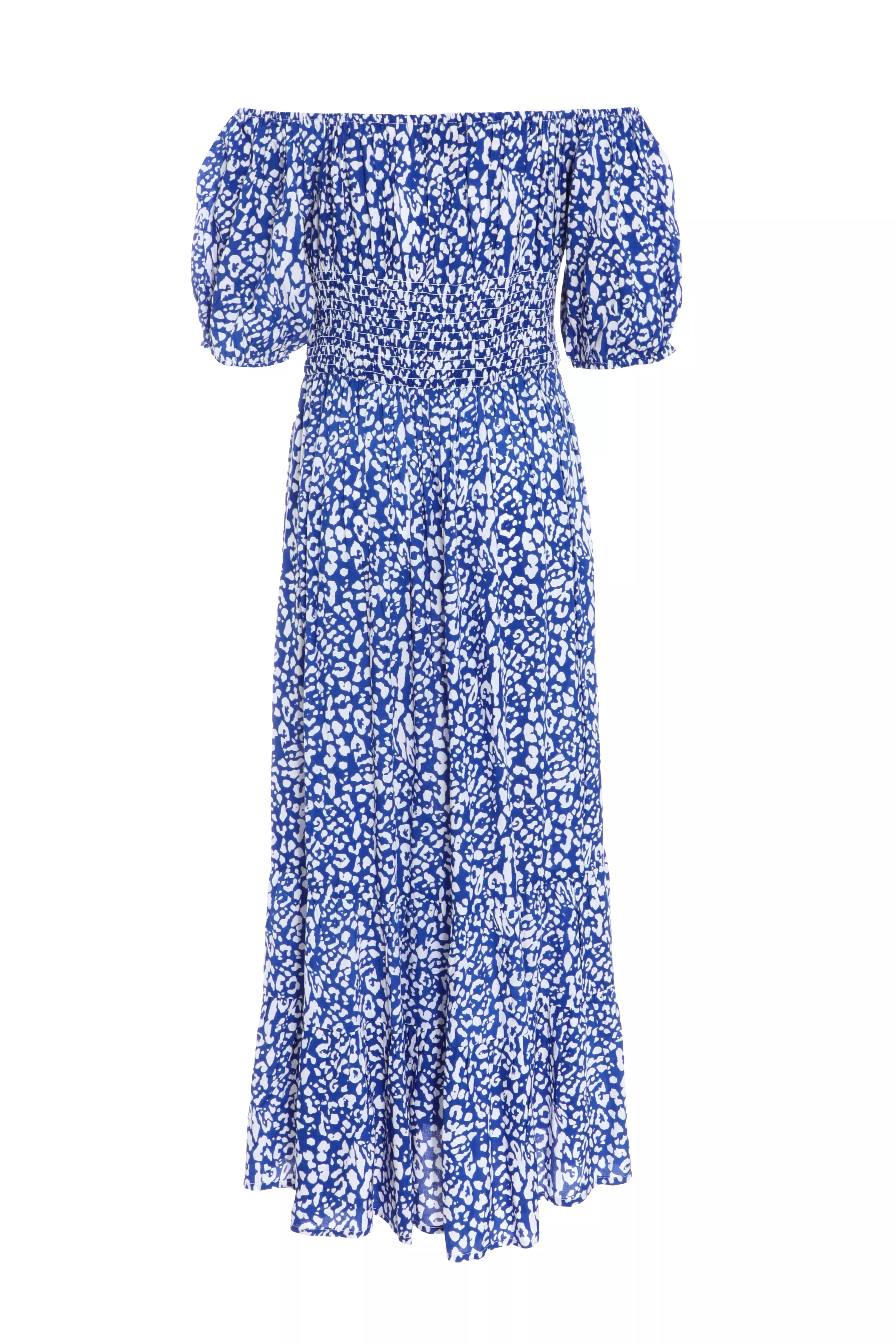 Blue Animal Print Bardot Midi Dress
