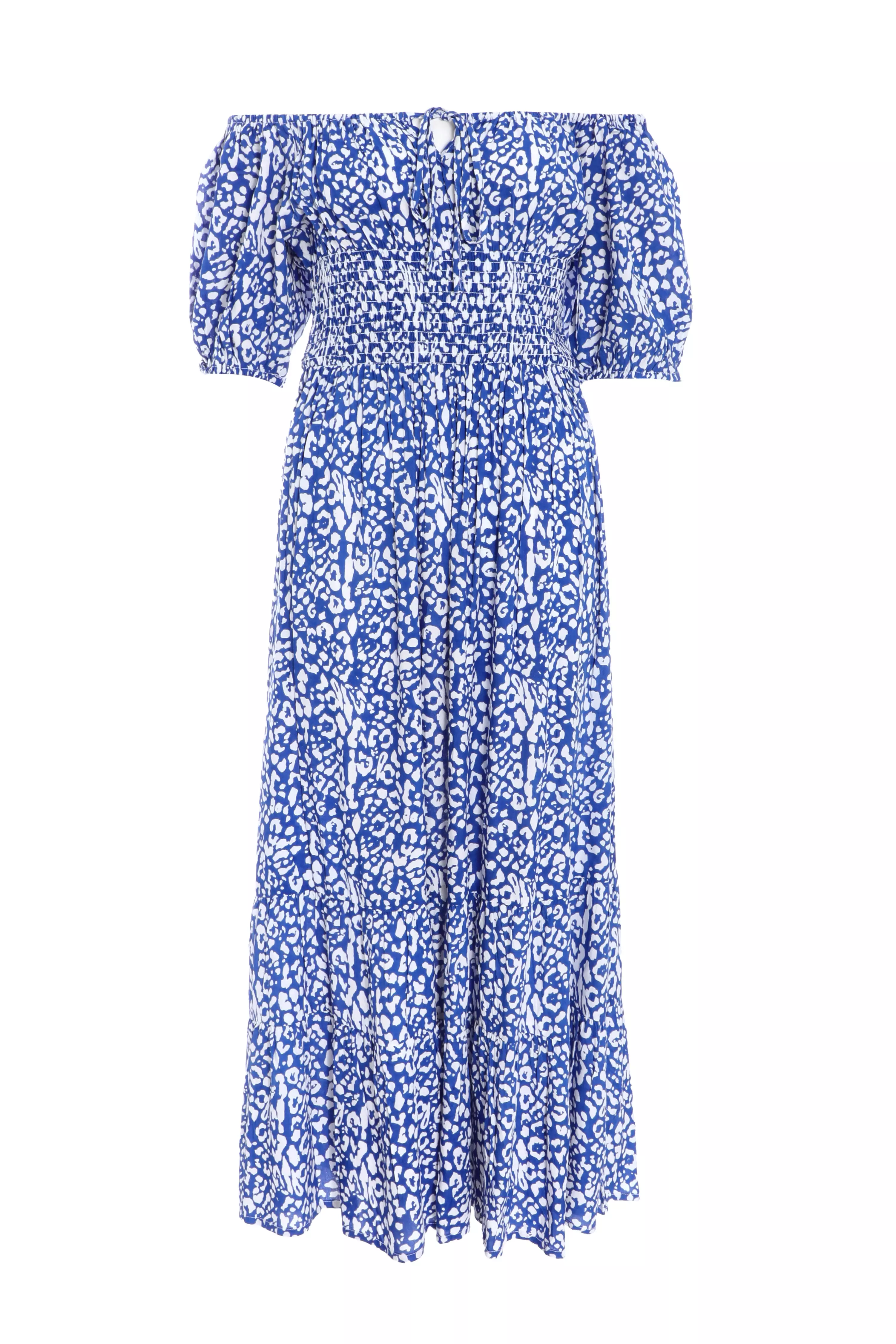 Blue Animal Print Bardot Midi Dress