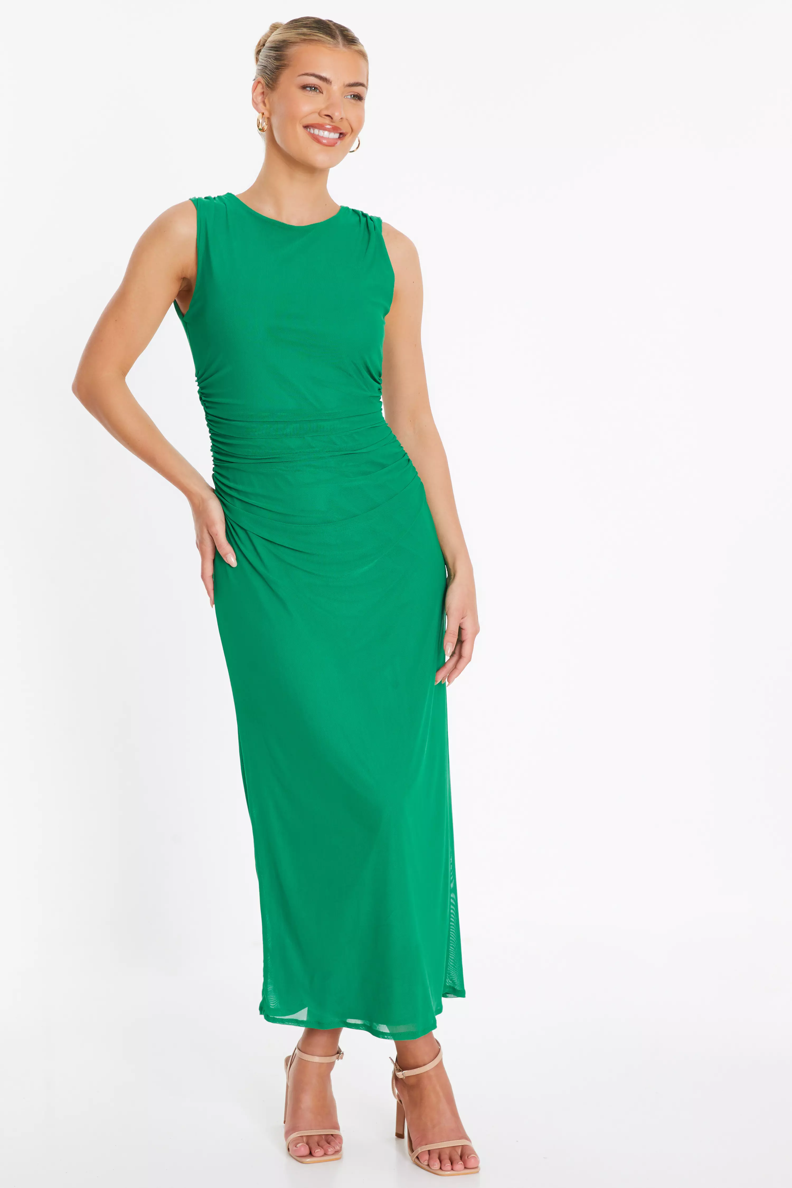 Green Mesh Ruched Bodycon Midaxi Dress