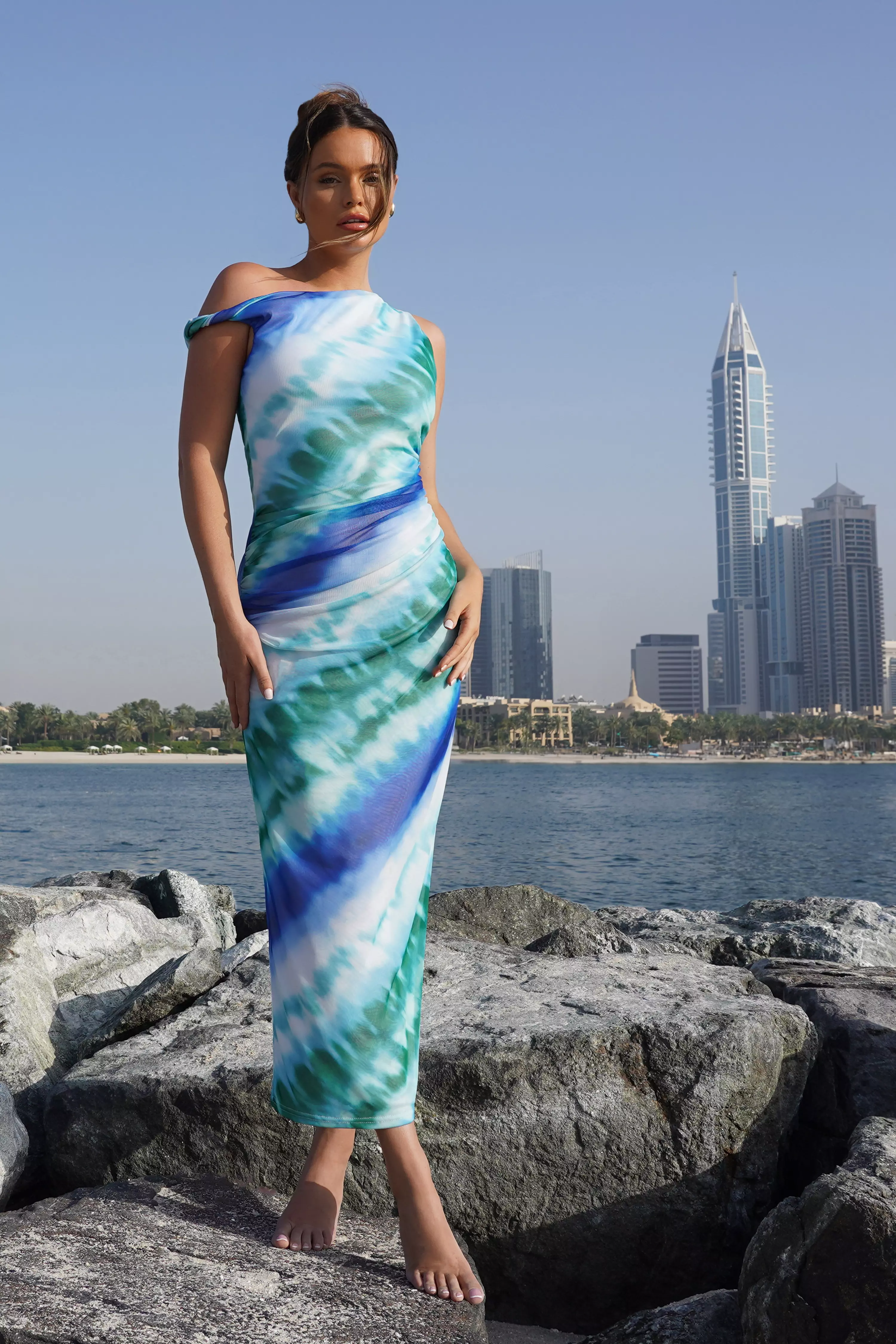 Blue Ombre Asymmetric Midaxi Dress