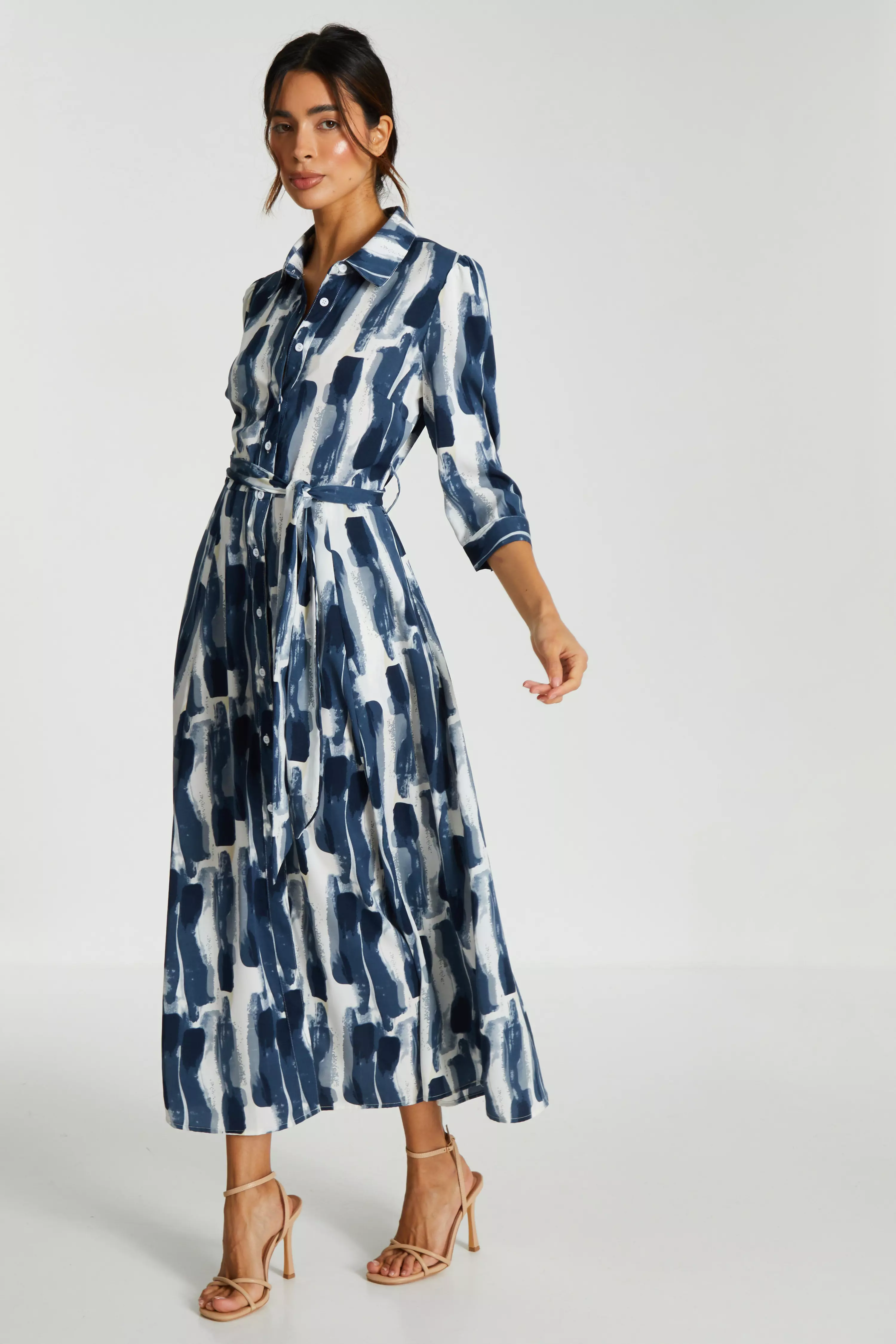 Navy Brush Stroke Midi Shirt Dress