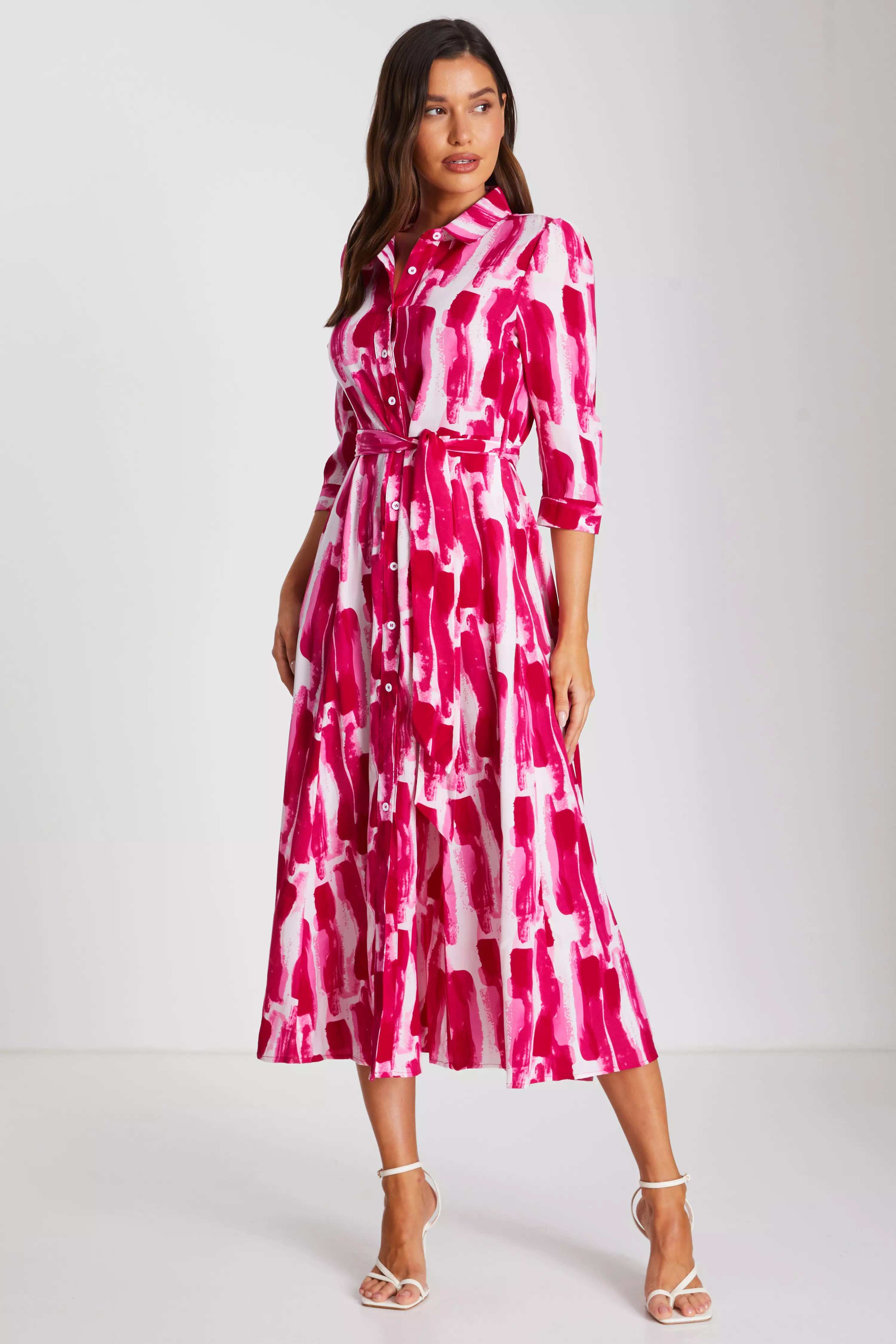 Pink Brush Stroke Midi Shirt Dress
