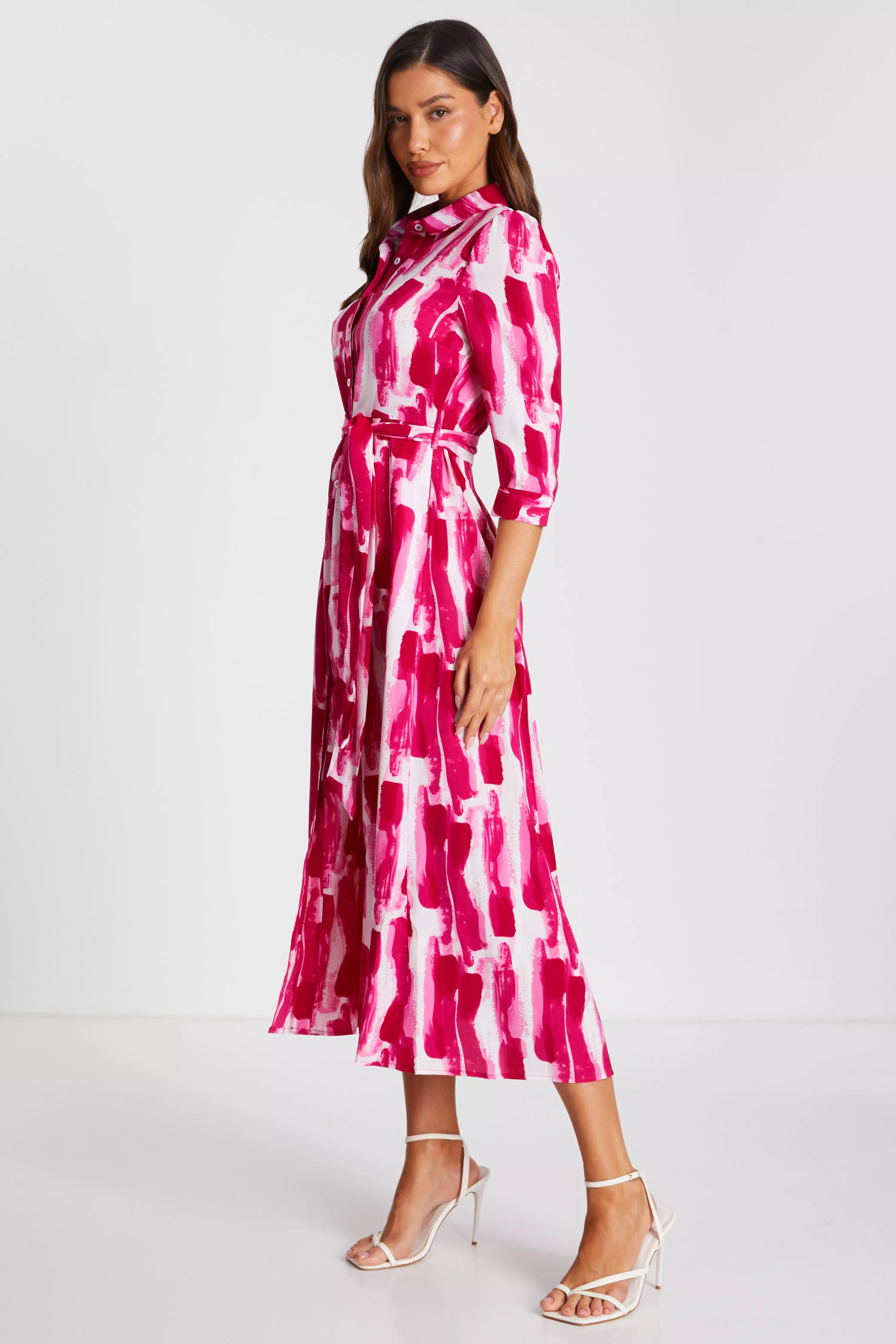 Pink Brush Stroke Midi Shirt Dress