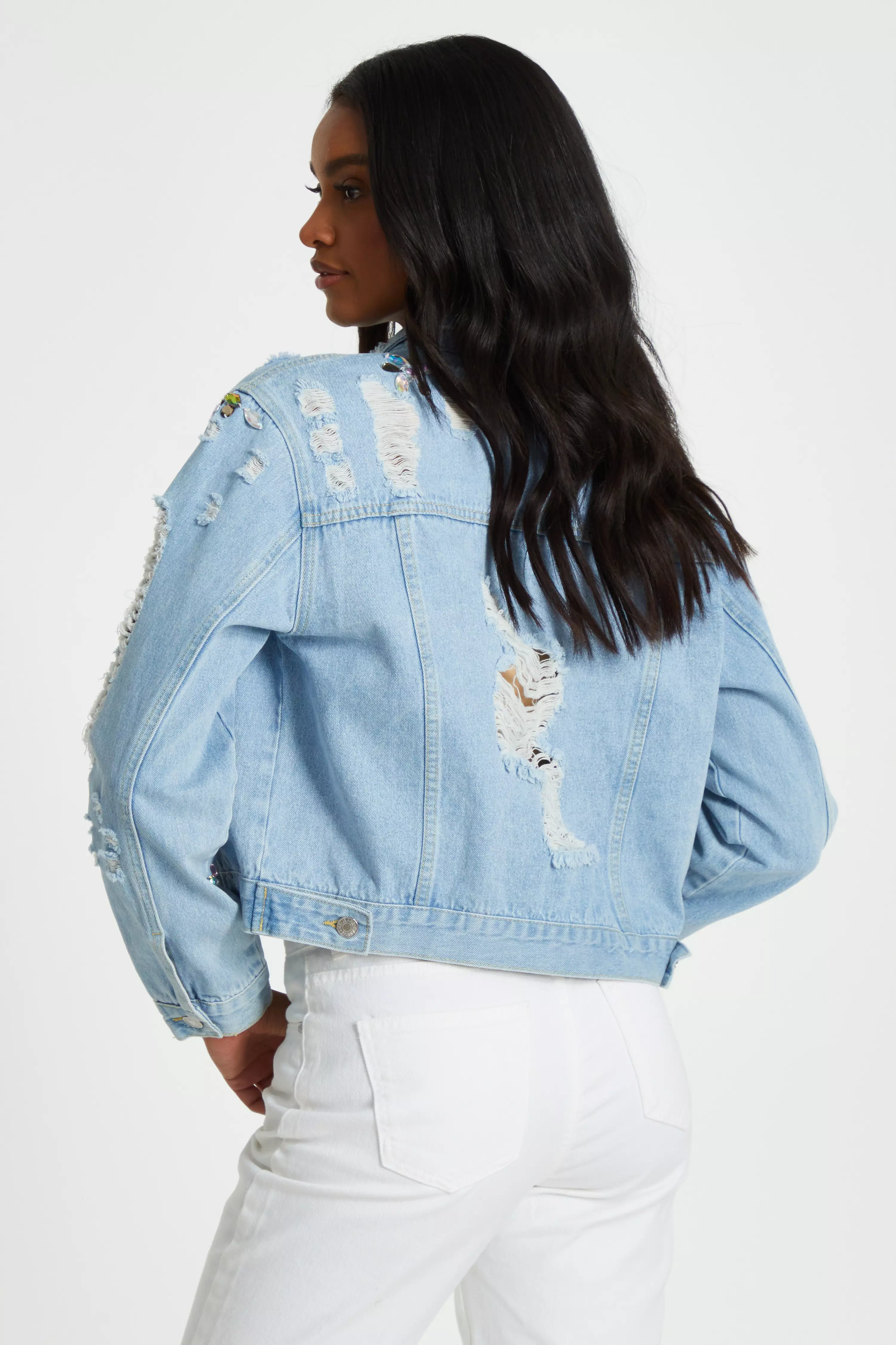 Blue Destressed Embellished Denim Jacket