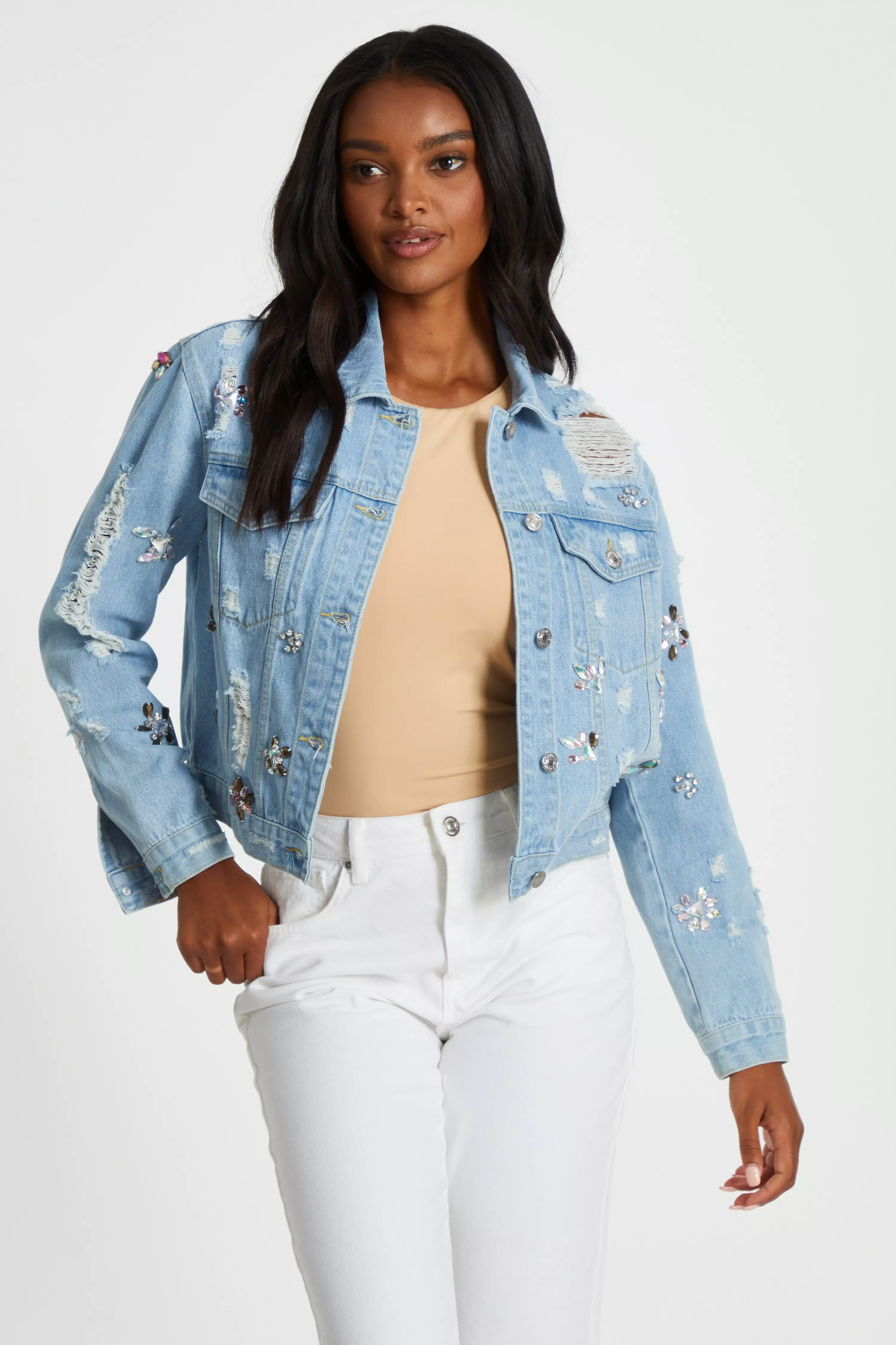 Blue Destressed Embellished Denim Jacket