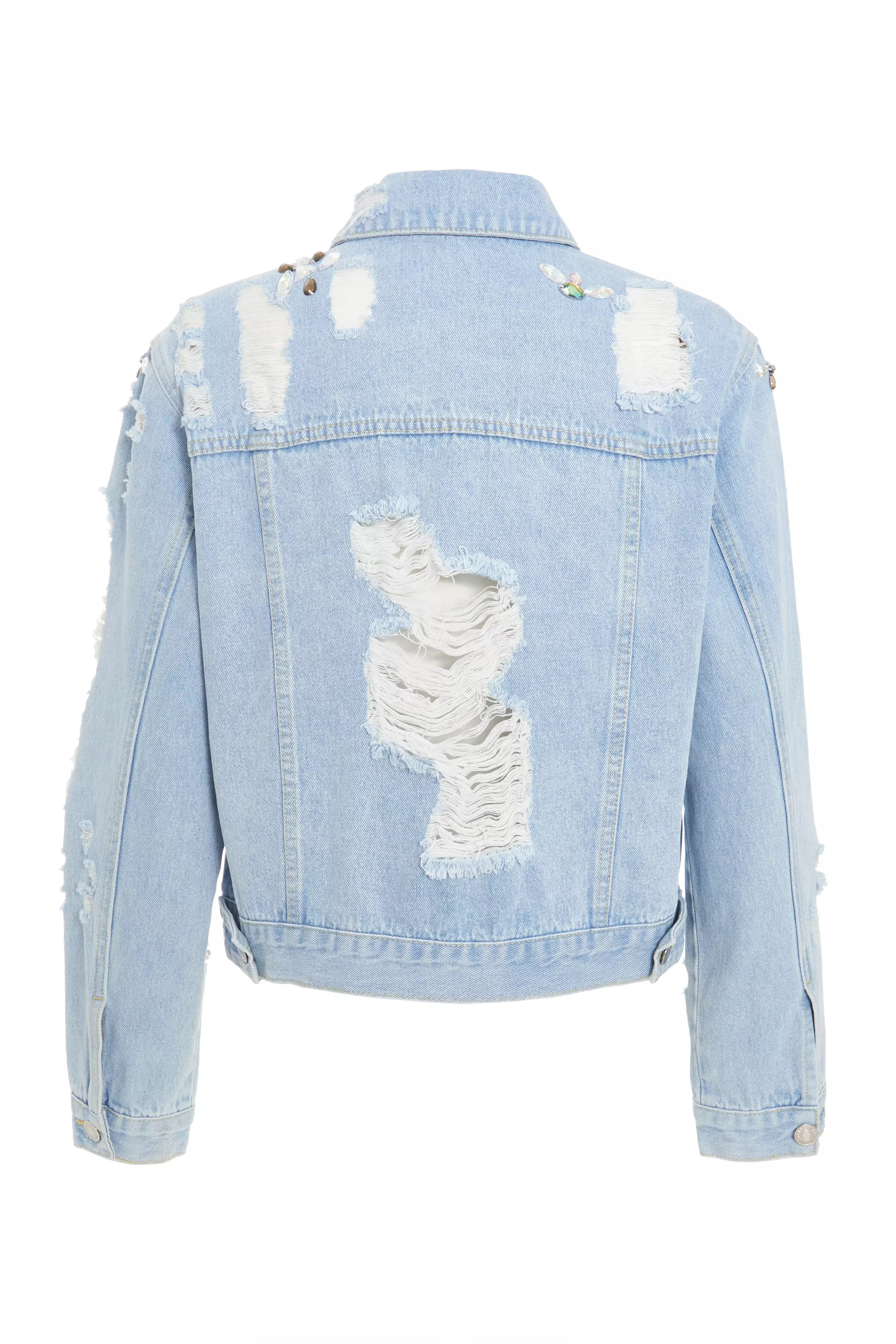 Blue Destressed Embellished Denim Jacket