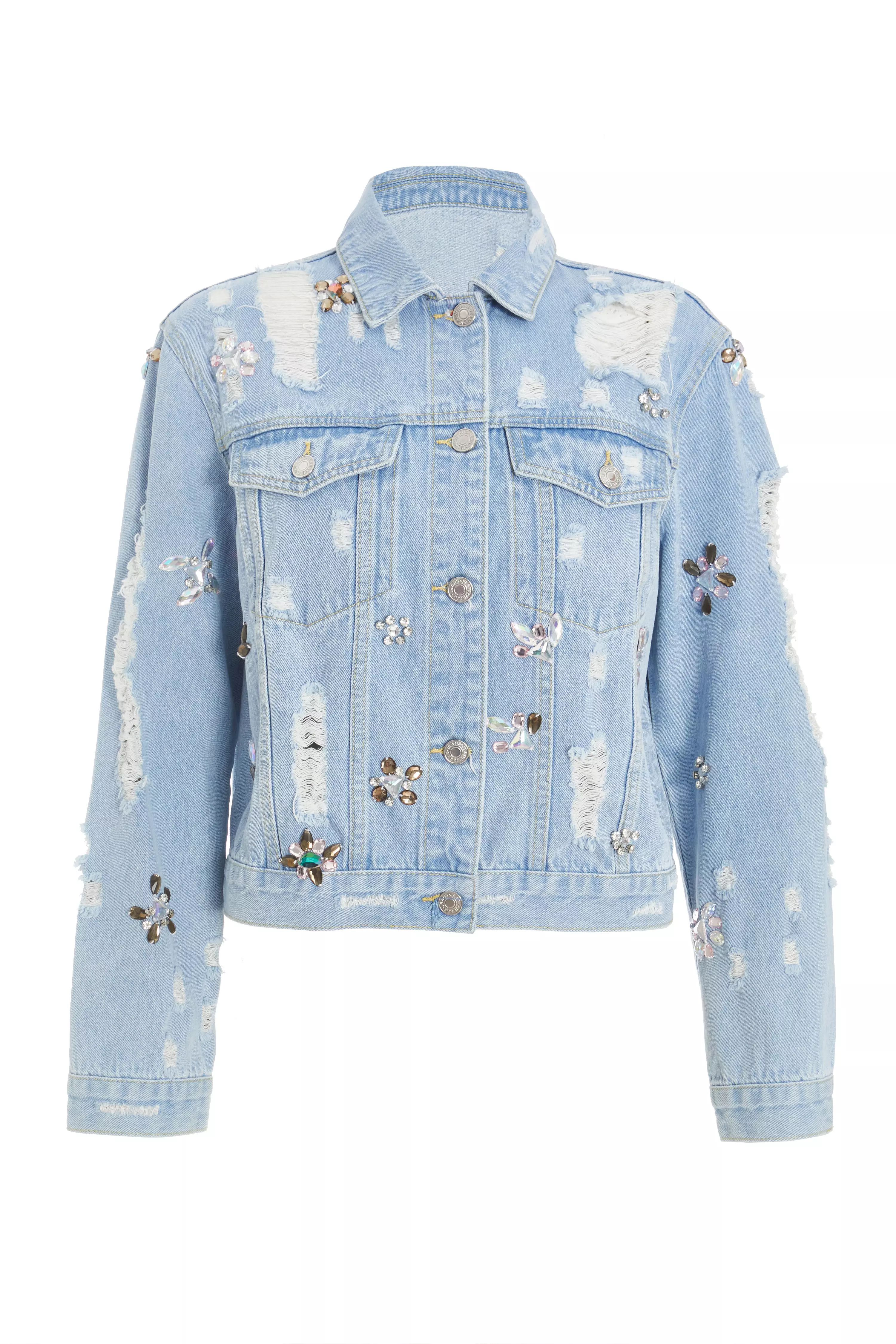 Blue Destressed Embellished Denim Jacket