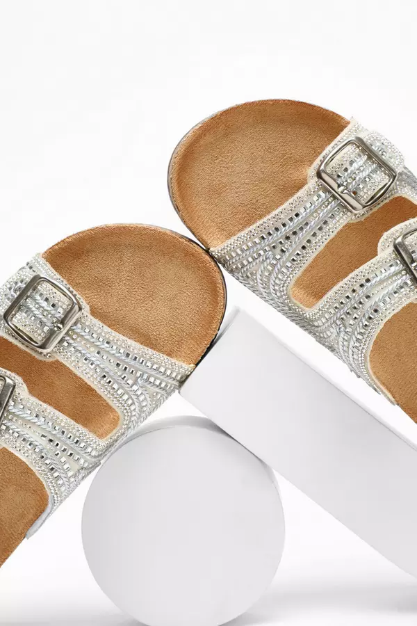 Silver Diamante Double Buckle Flat Sandals