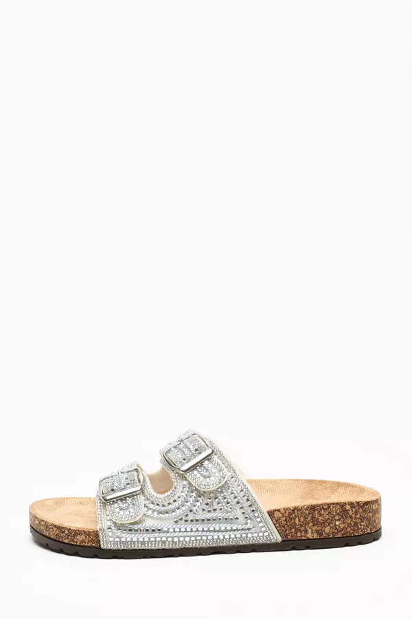 Silver Diamante Double Buckle Flat Sandals