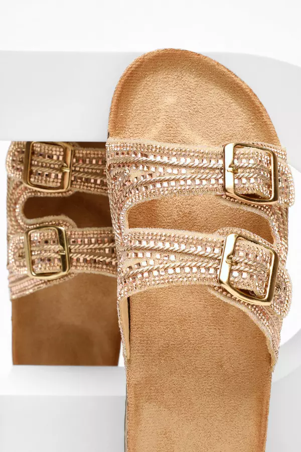 Gold Diamante Double Buckle Flat Sandals